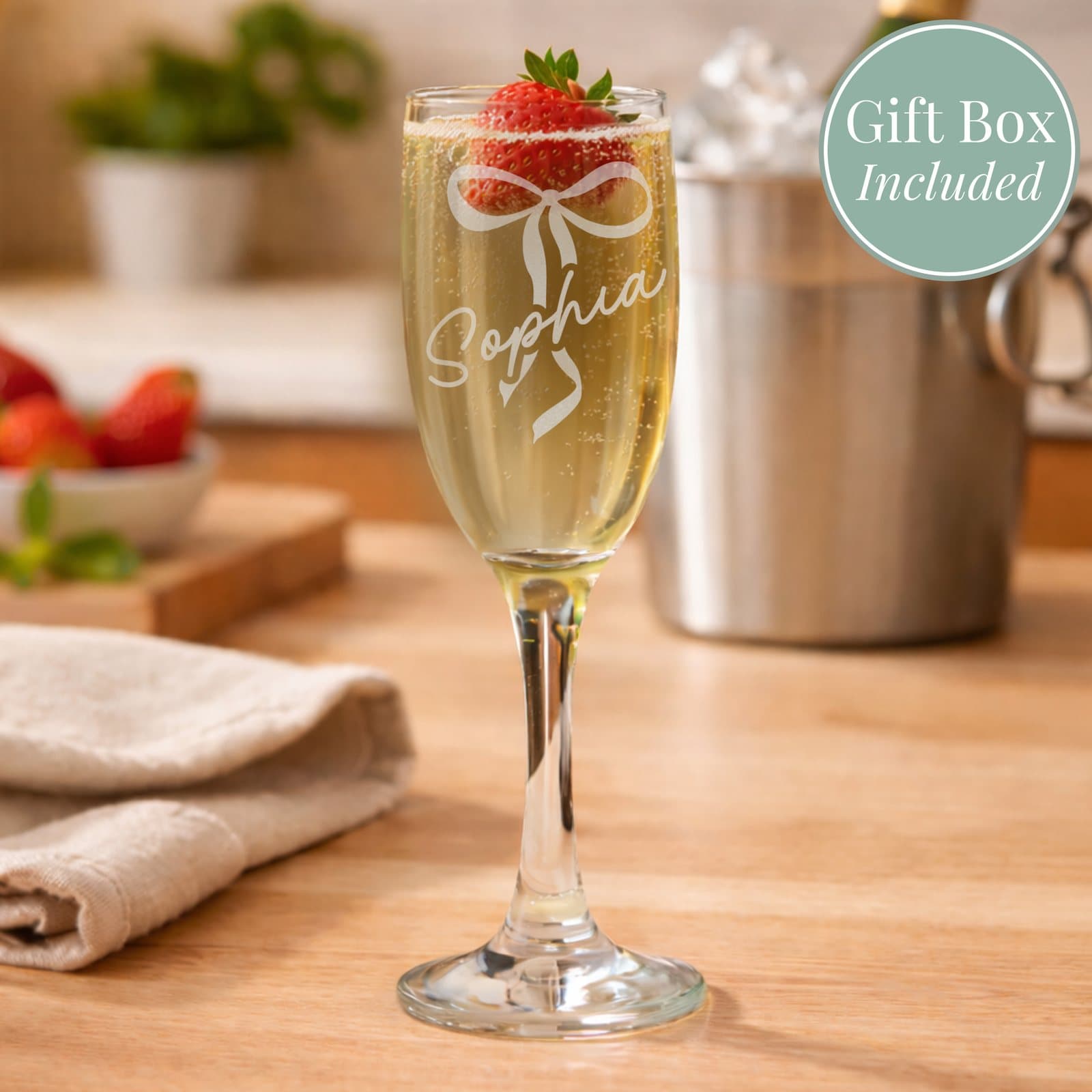 Personalised bow flute glass with a bow design