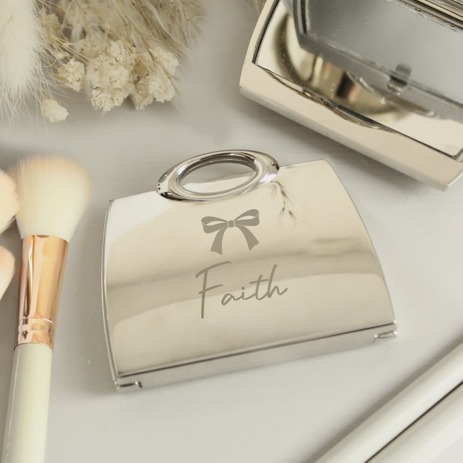 Personalised bow handbag shaped compact mirror
