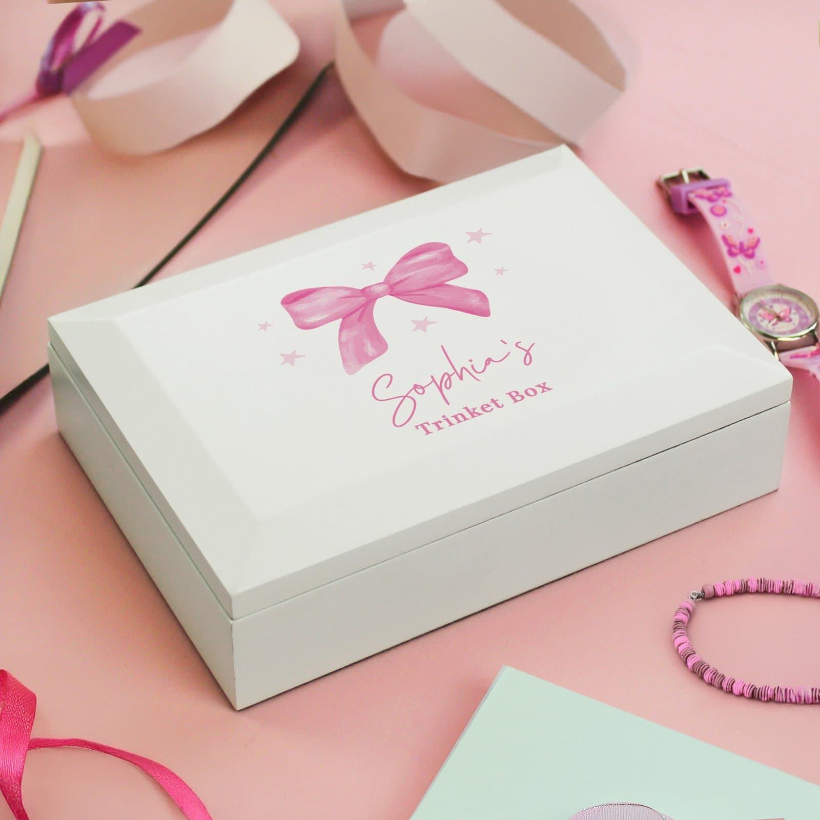 Wooden personalised jewellery box with a bow detail