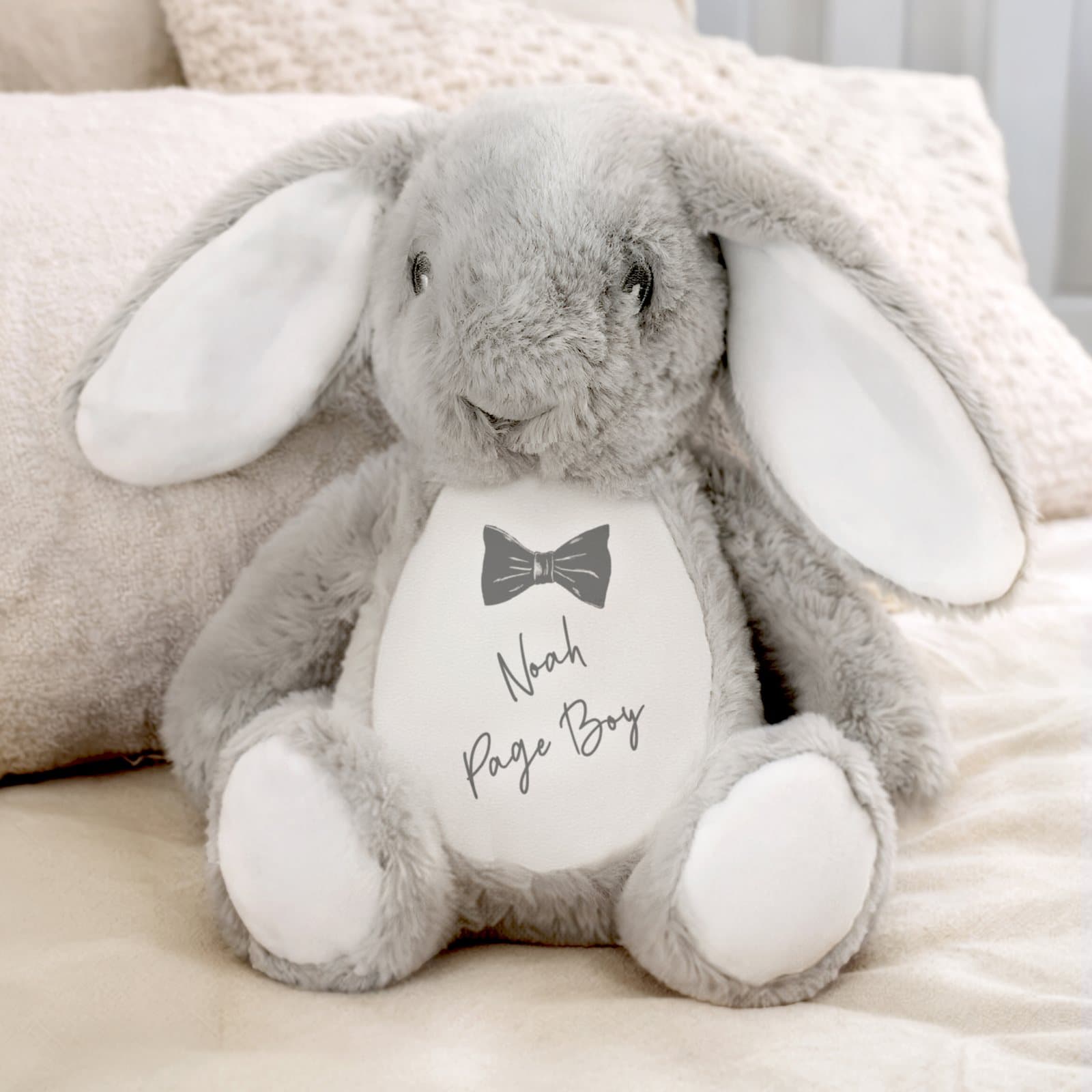 Soft bow tie bunny personalised with a page boy's name and role