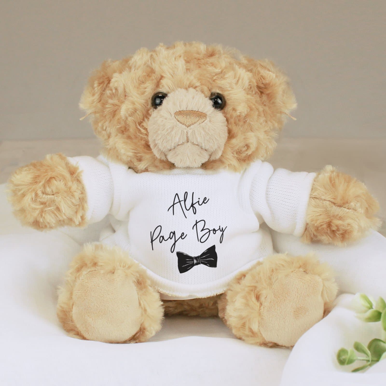 Plush teddy bear in a sweater personalised with a page boy's name and role
