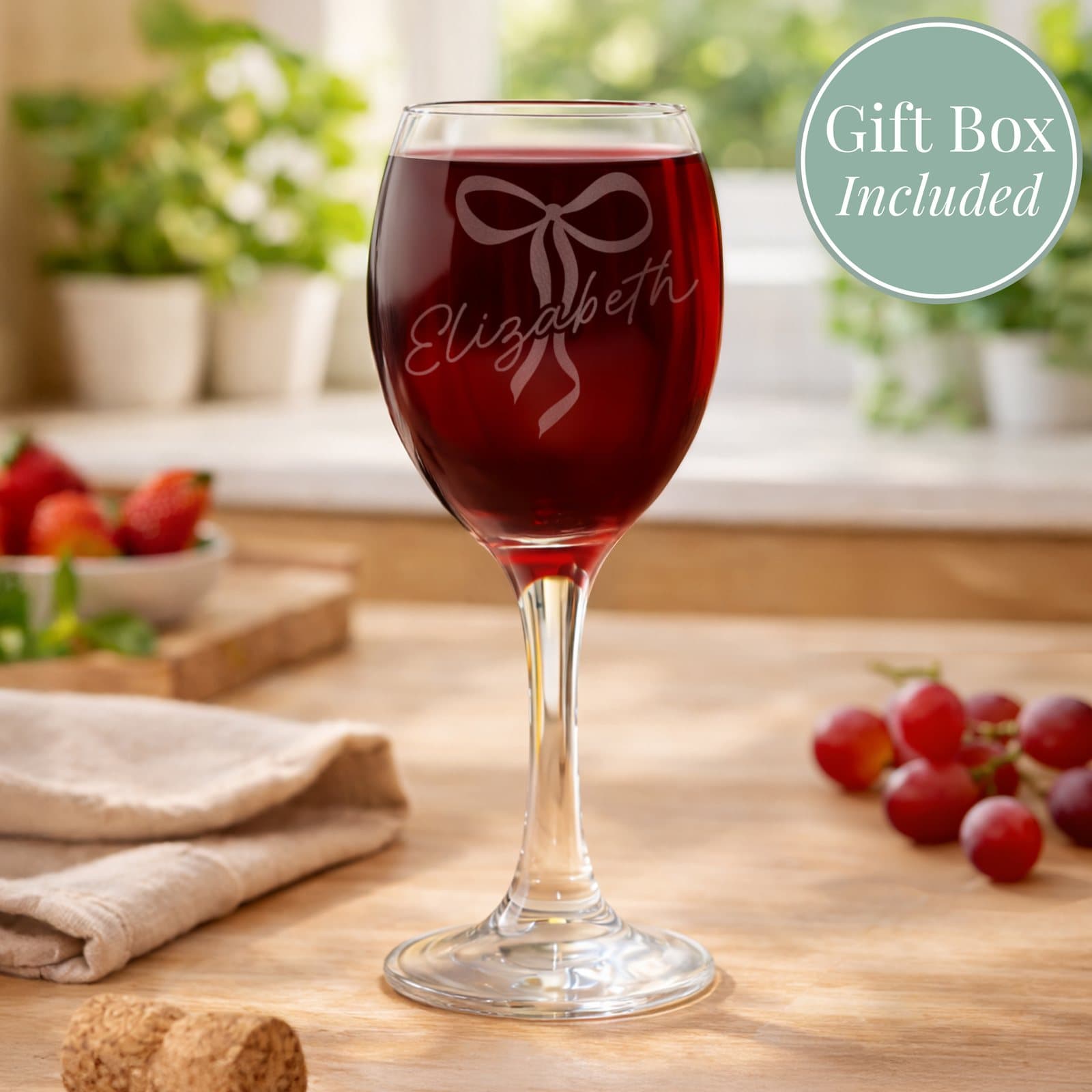 Personalised bow wine glass with a bow detail