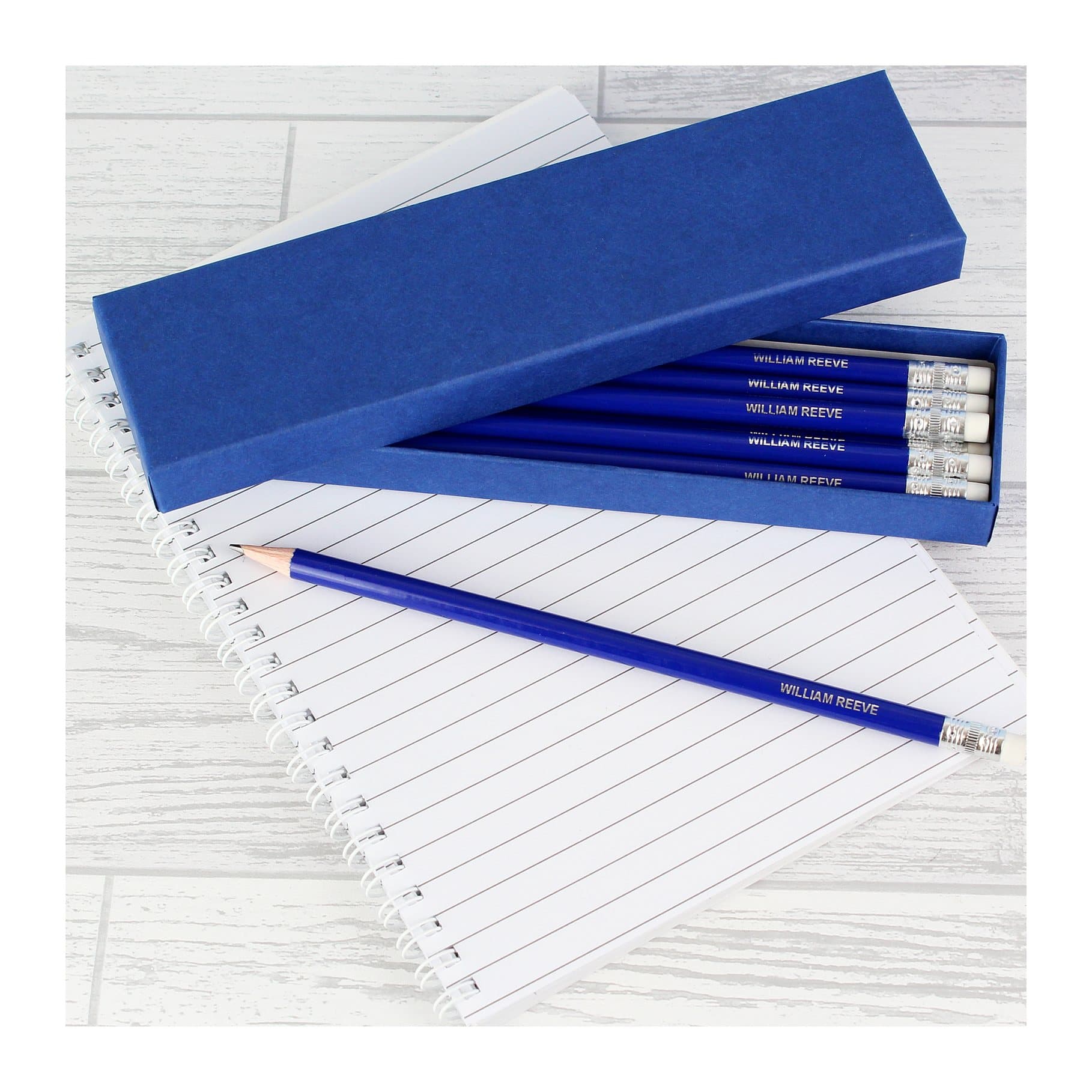 Box of 12 blue HB pencils personalised with a name