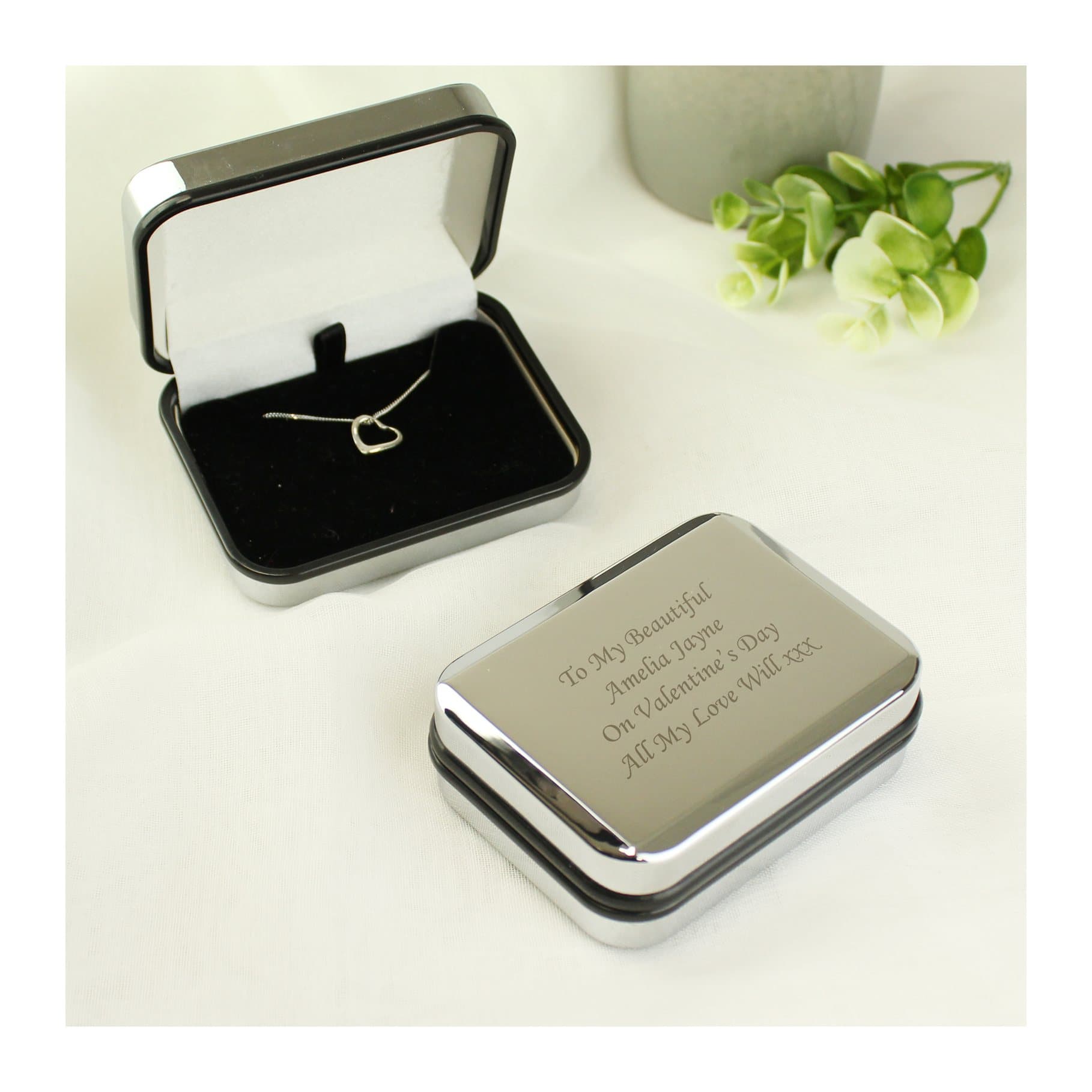 Sterling silver heart necklace in a chrome gift box