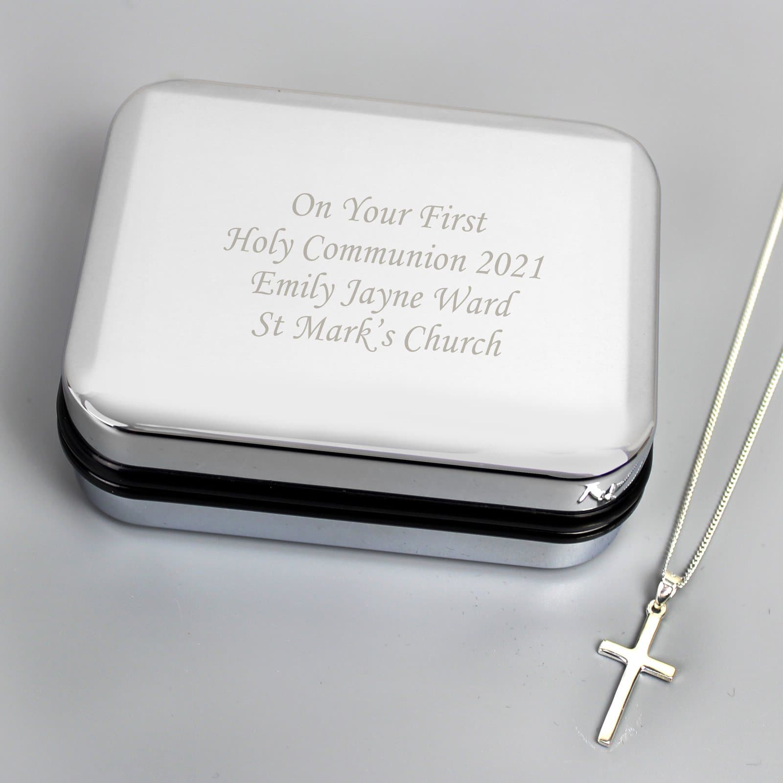 Cross necklace in a chrome gift box