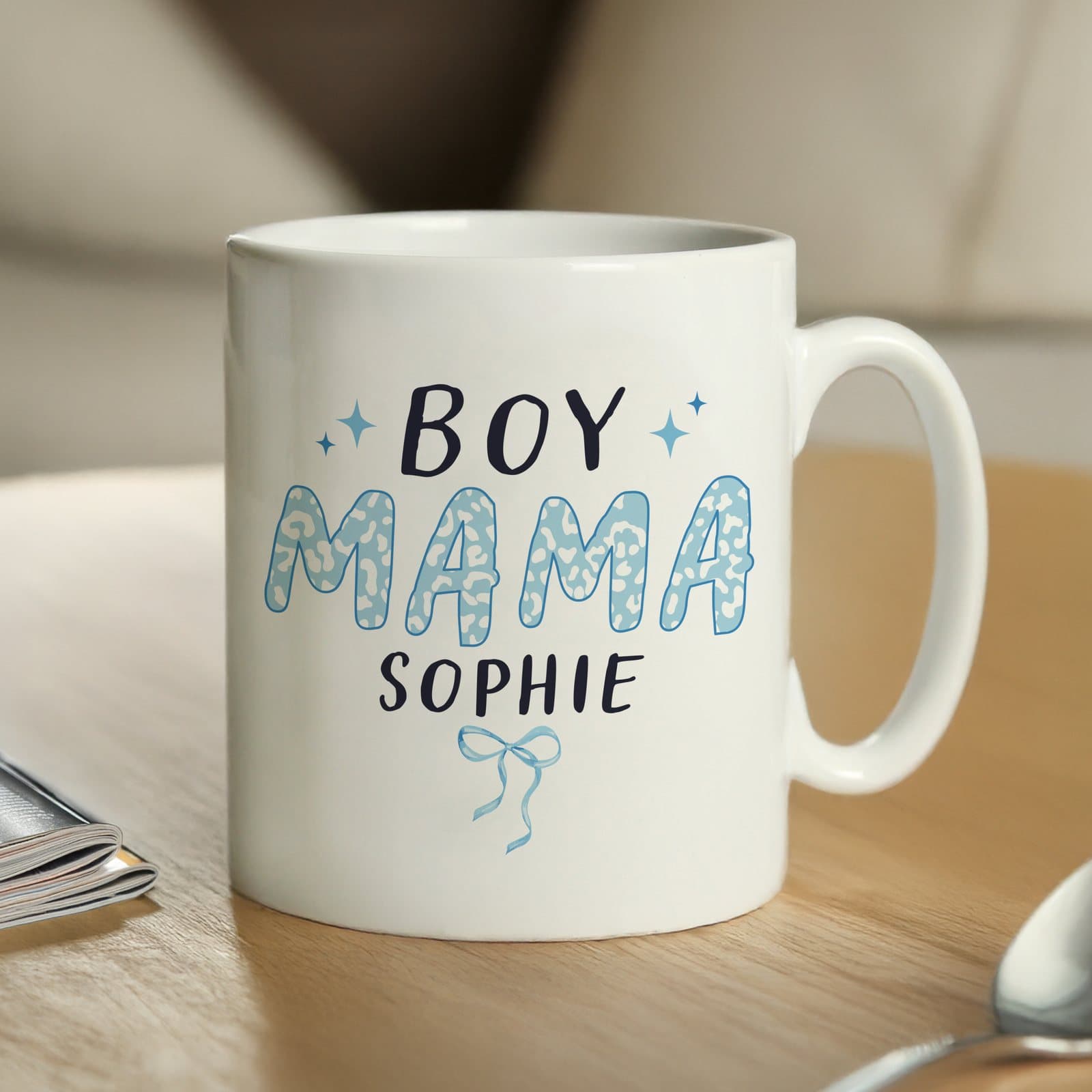 Ceramic boy mama mug with a personalised line of text