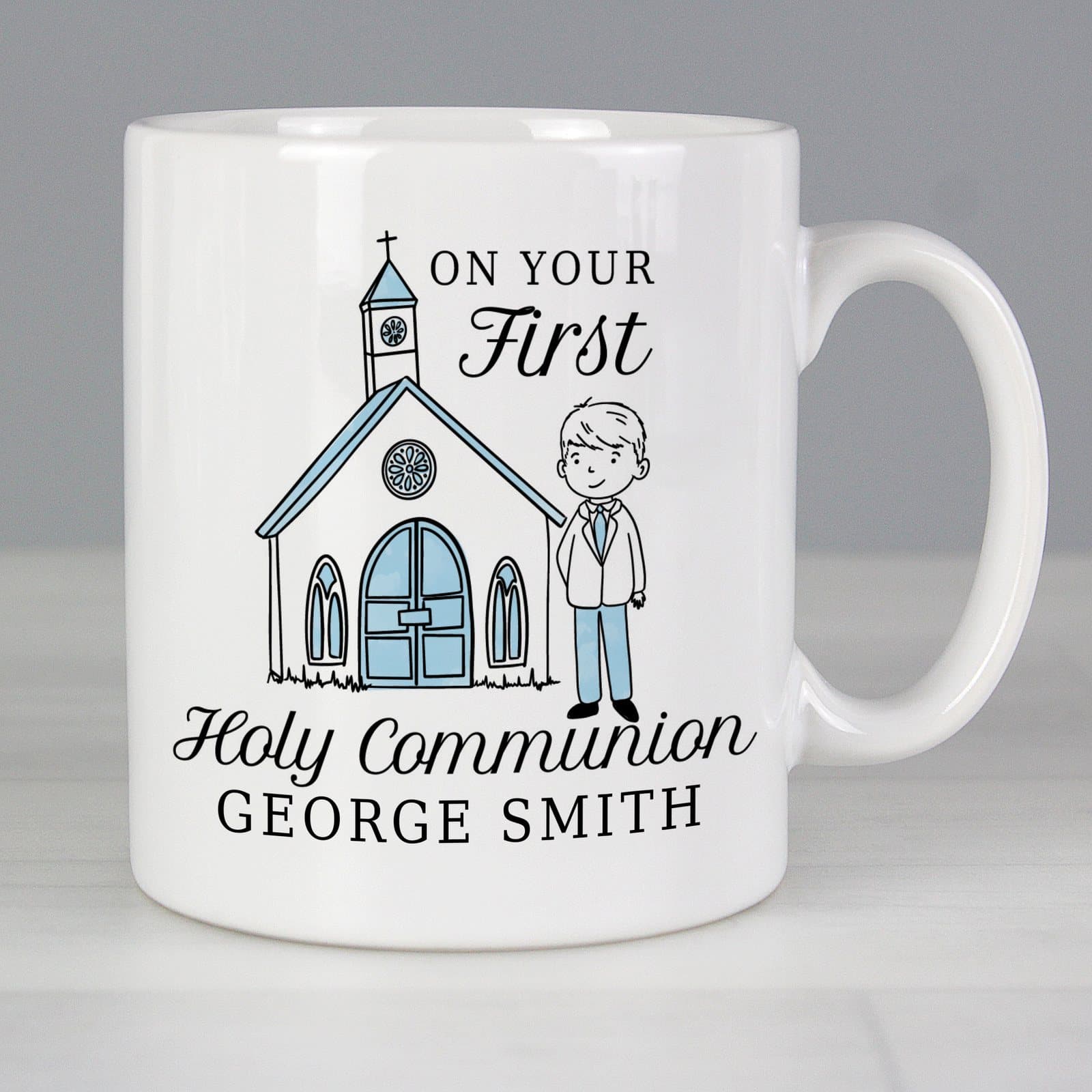 Ceramic first holy communion mug personalised with a boy's name
