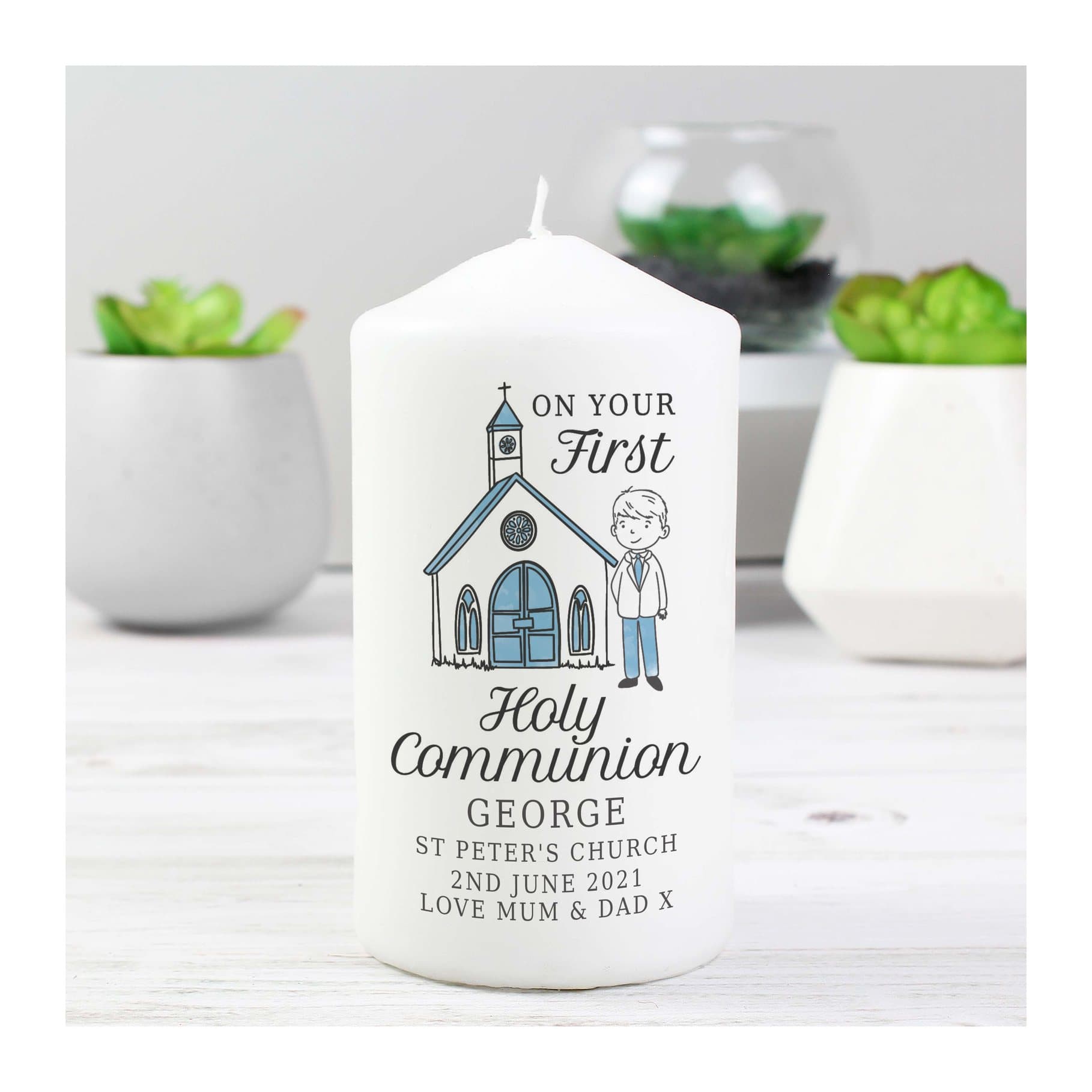 Personalised boys First Holy Communion pillar candle