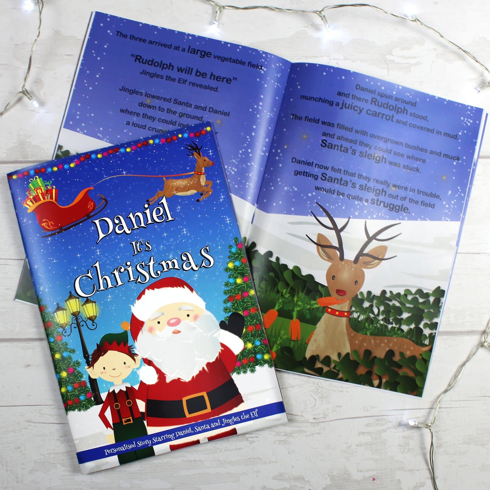 Personalised Boys It's Christmas story book featuring Santa and Jingles the Elf