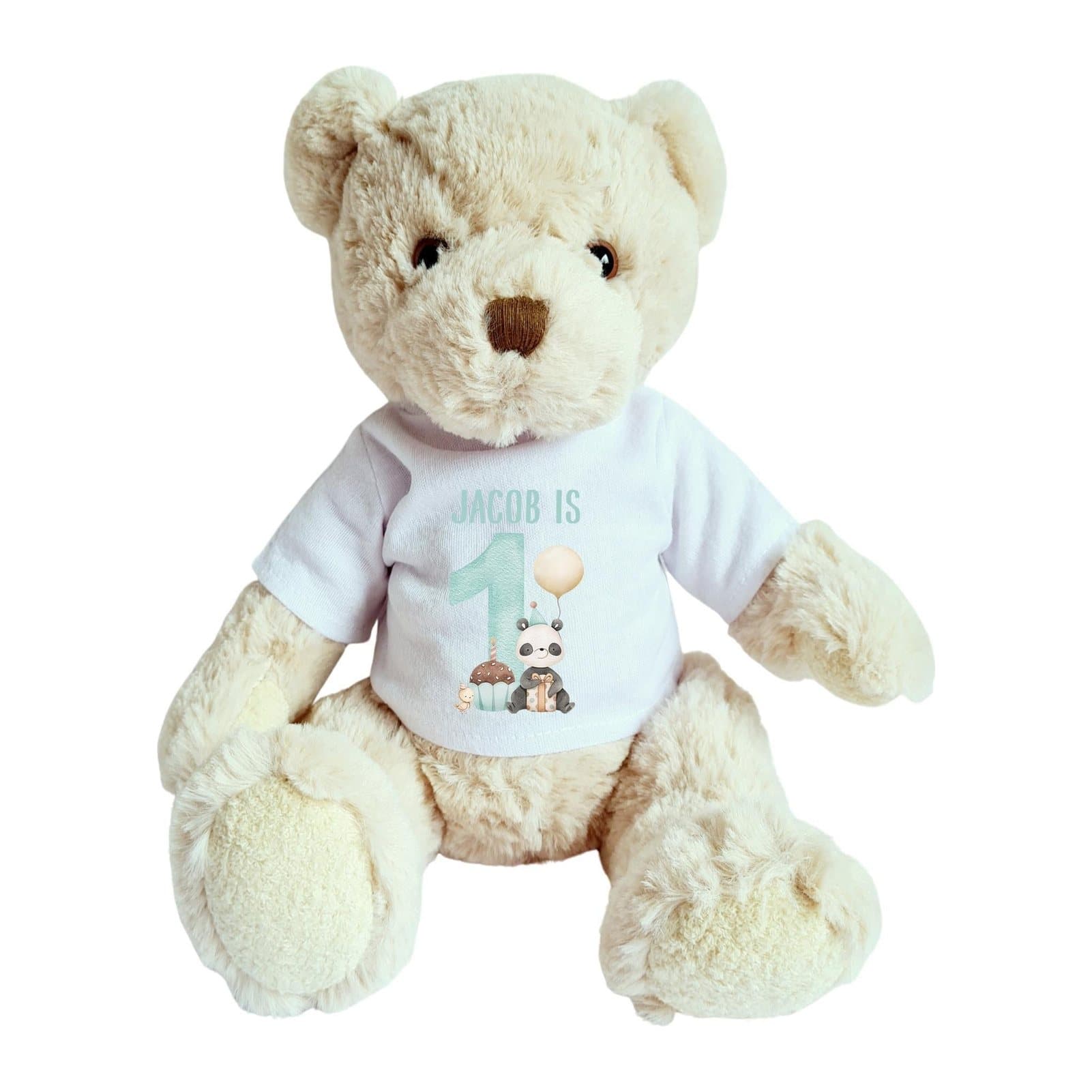 Teddy bear in a 1st birthday panda T-shirt with a large 1 and animals
