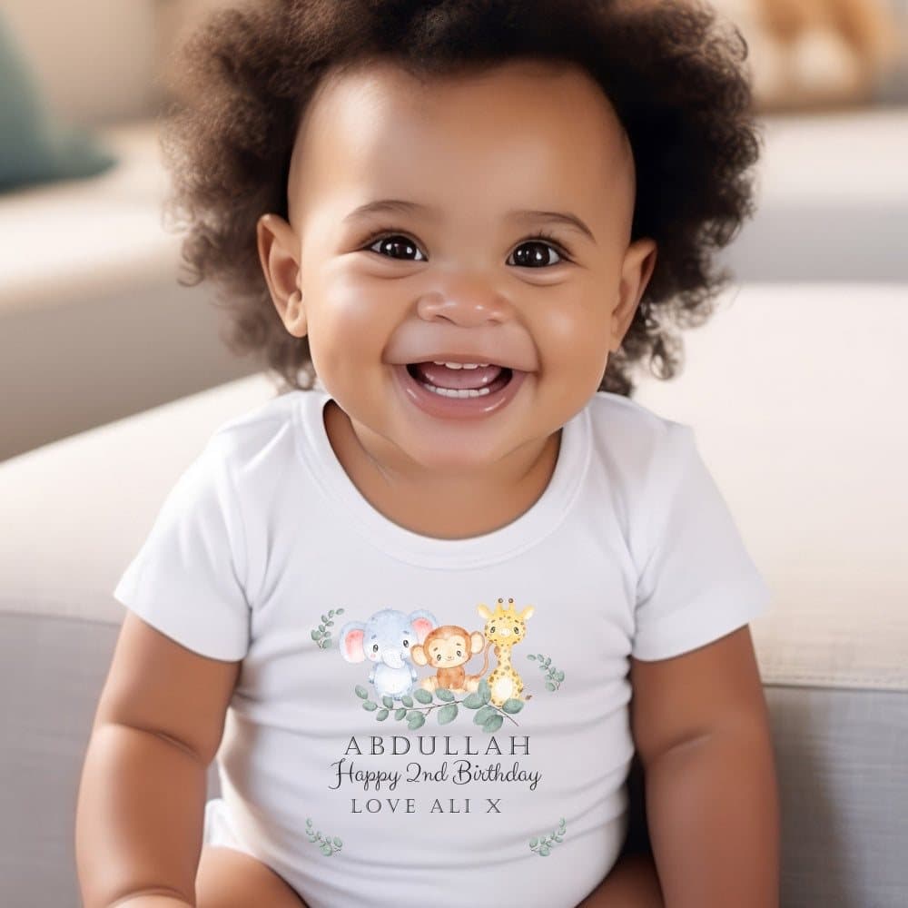 Personalised safari animals baby grow, vest or bib with a name