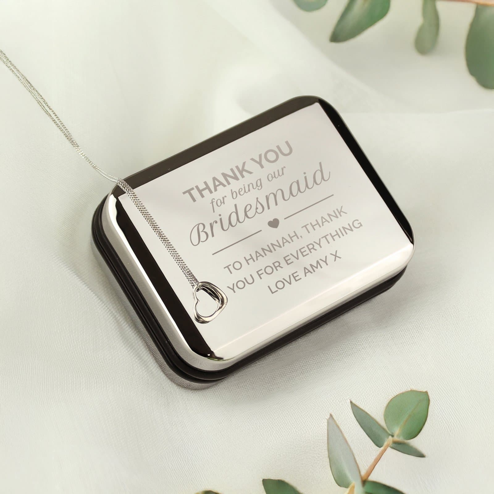 Bridesmaid chrome gift box with sterling silver heart necklace
