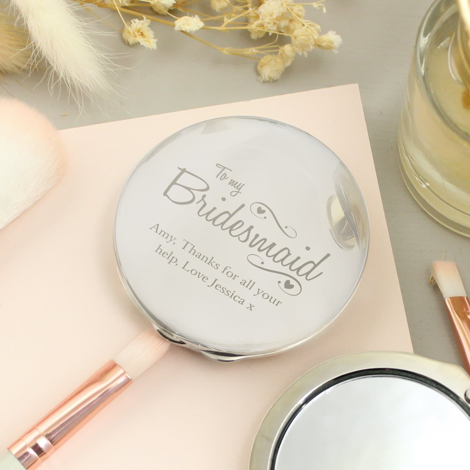 Compact mirror with swirls and hearts for a bridesmaid