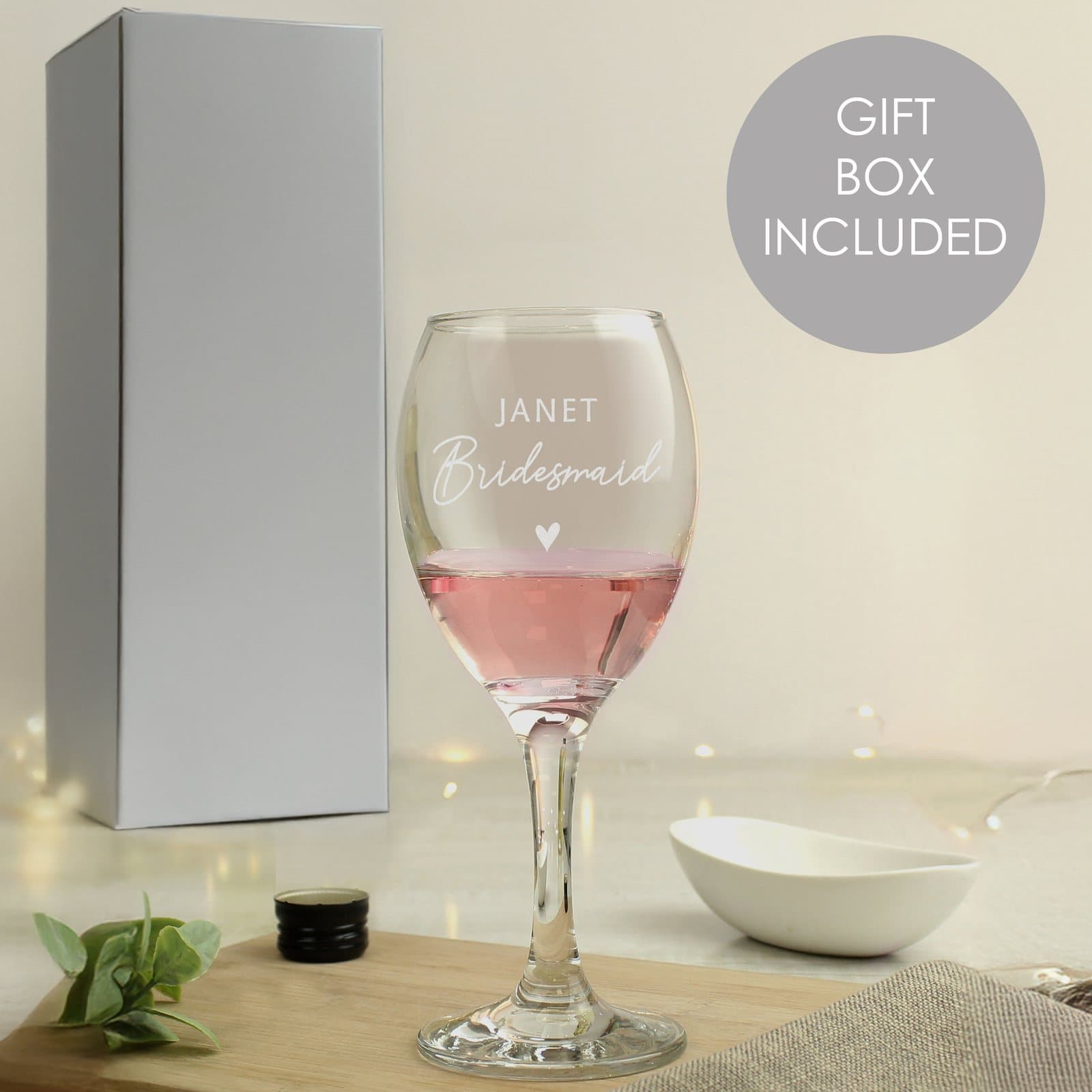 Personalised bridesmaid wine glass with the word Bridesmaid and a name