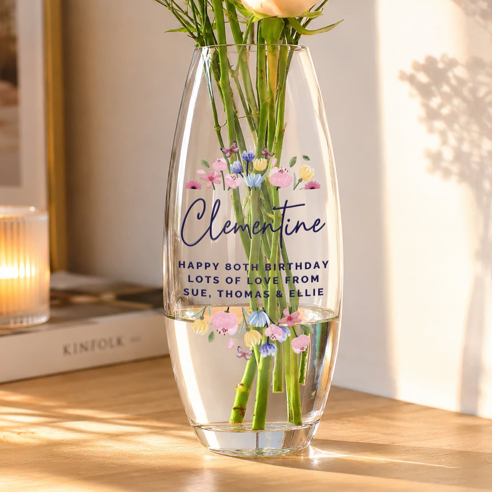 Personalised bright floral glass bullet vase