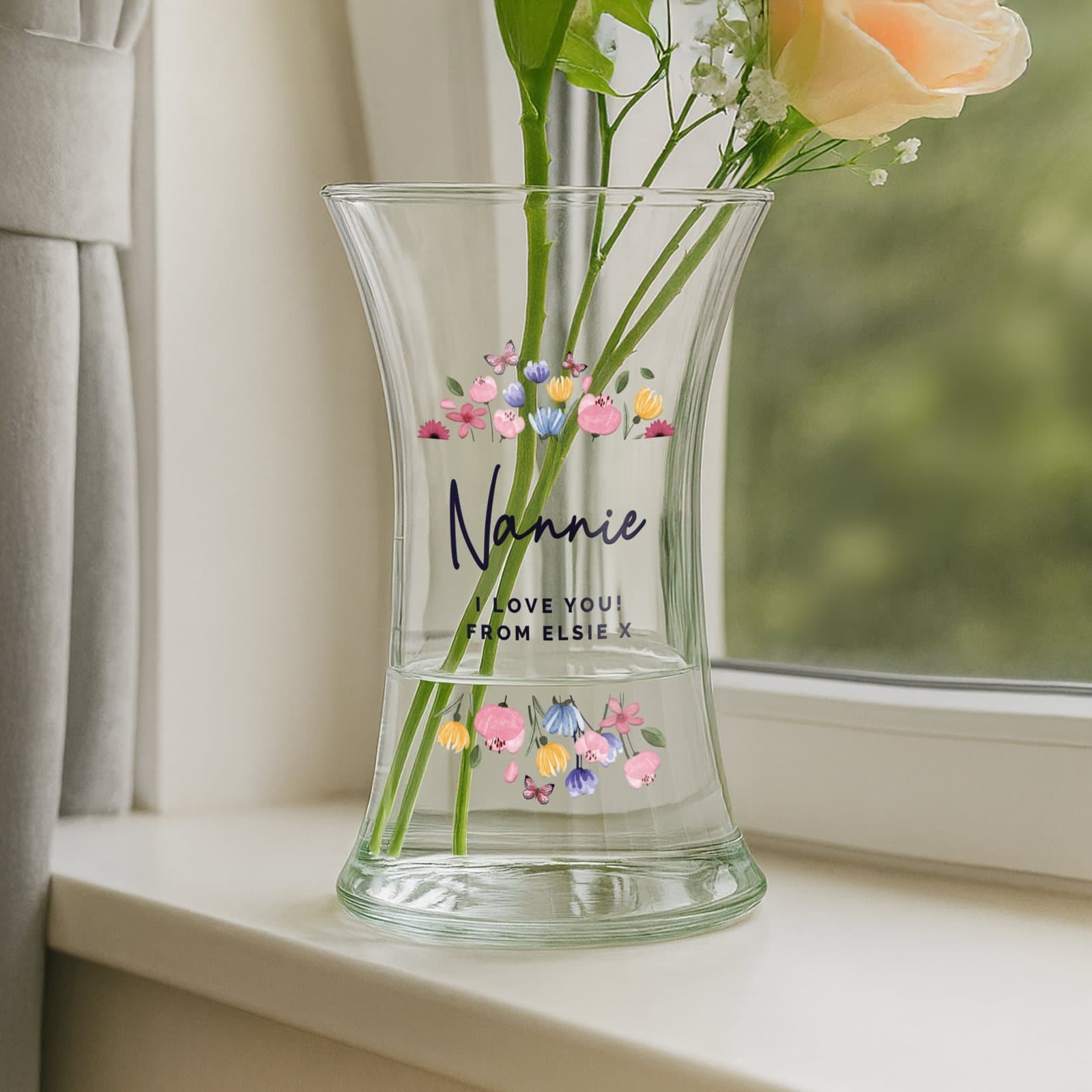 Personalised bright floral waisted glass vase