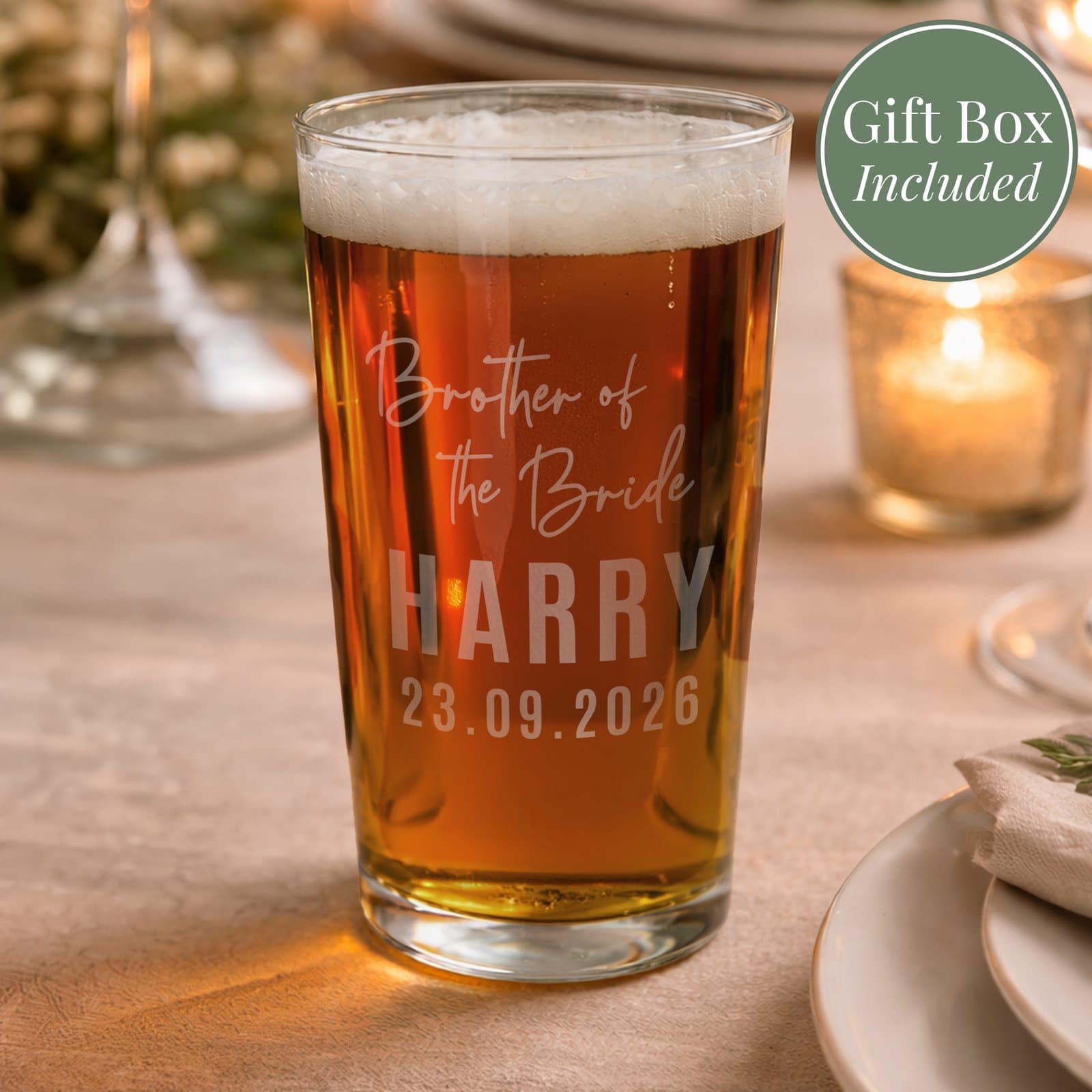 Elegant pint glass personalised for the brother of the bride