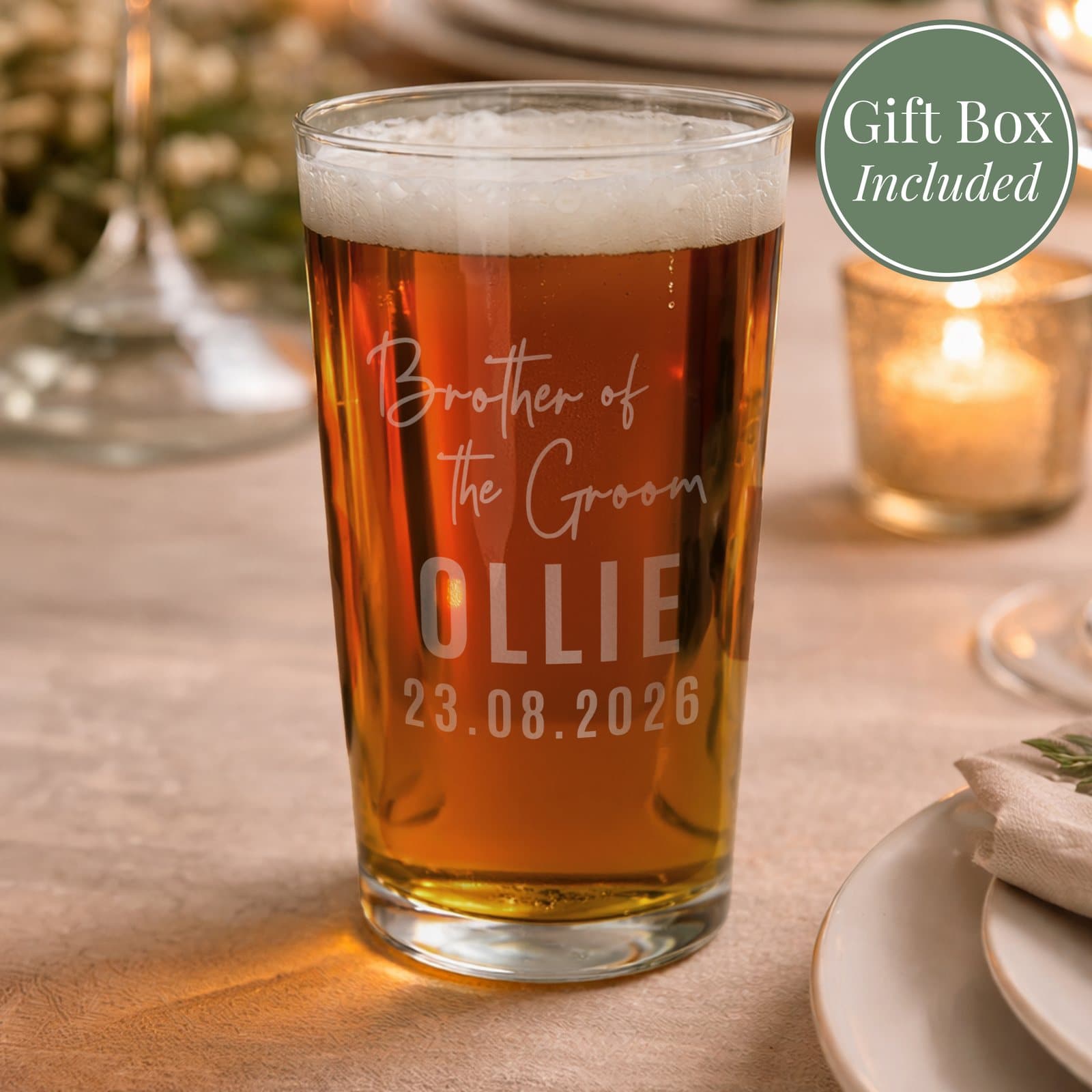 Elegant pint glass personalised for the brother of the groom