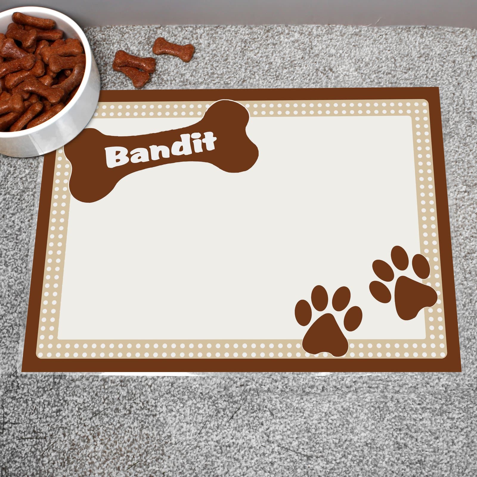 Personalised brown dotty dog pet bowl mat