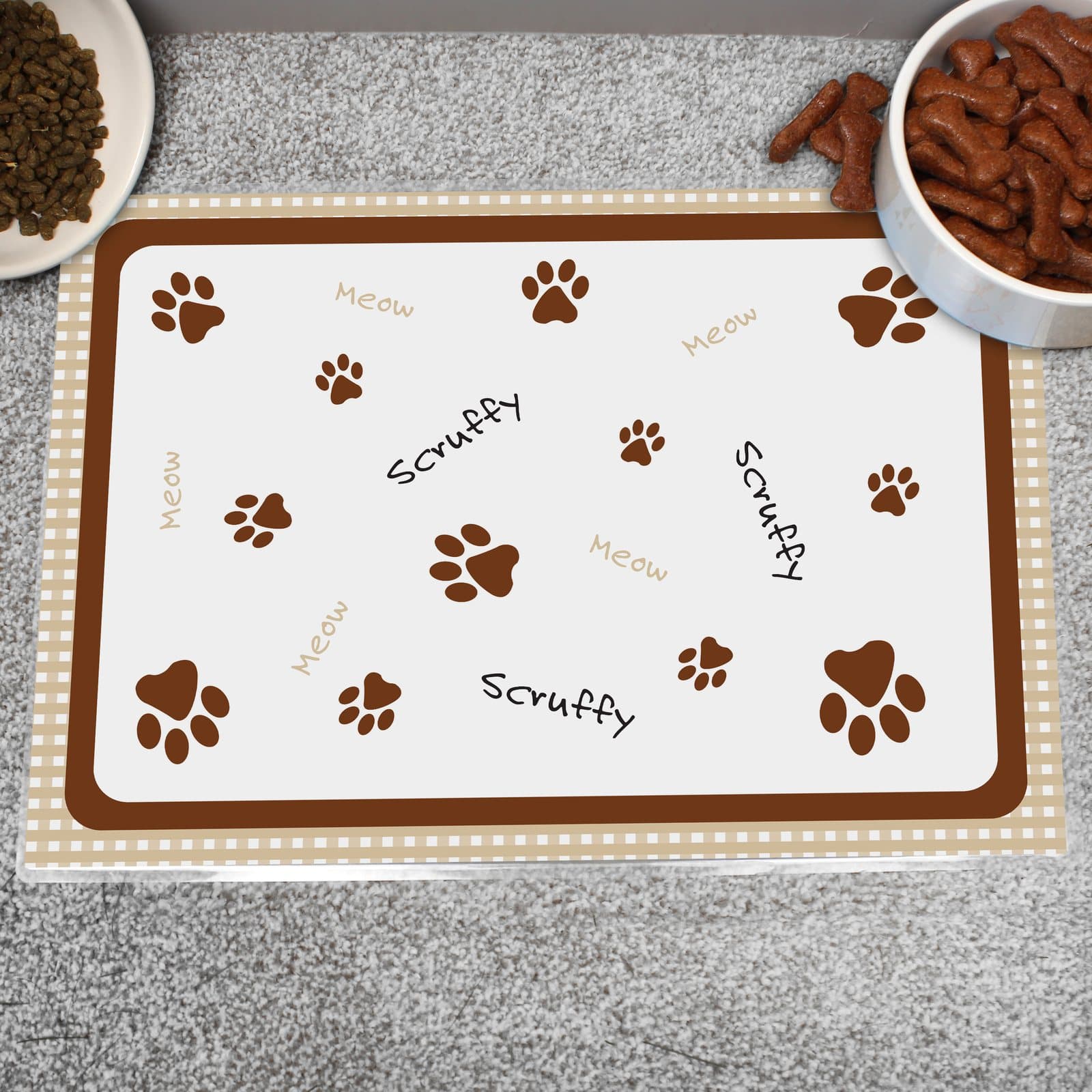 Personalised brown gingham cat pet bowl mat with Meow text