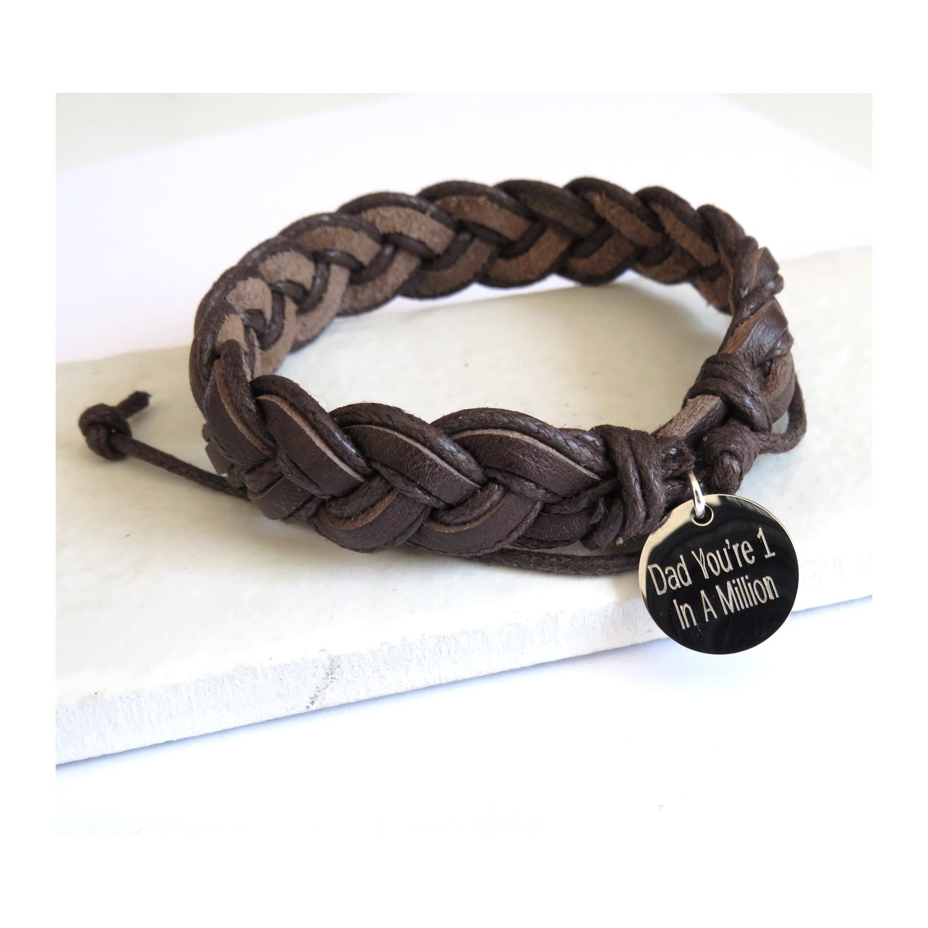 Brown pleated leather and cord men's bracelet with a stainless steel disc