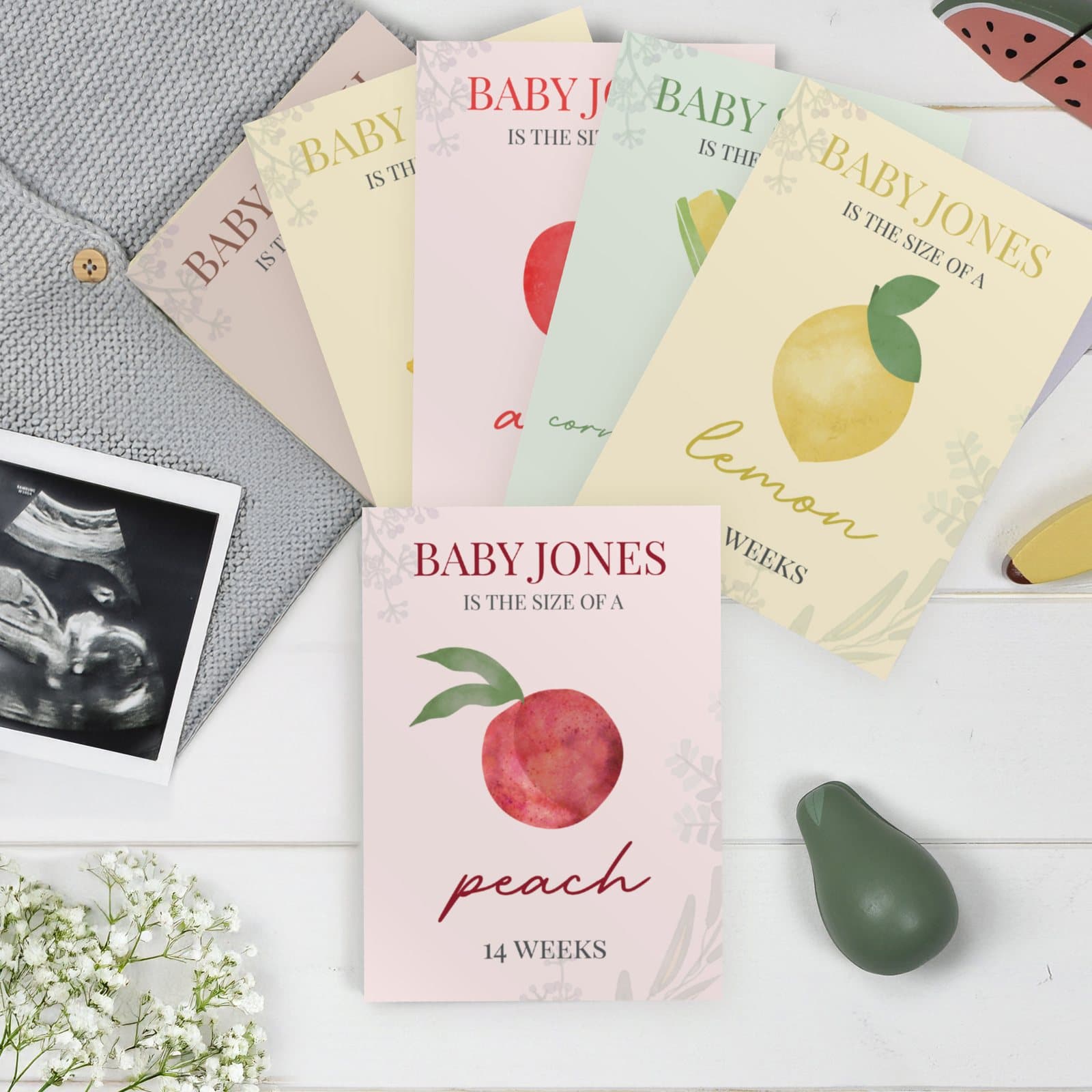 Set of pregnancy milestone cards with fruit and vegetable designs