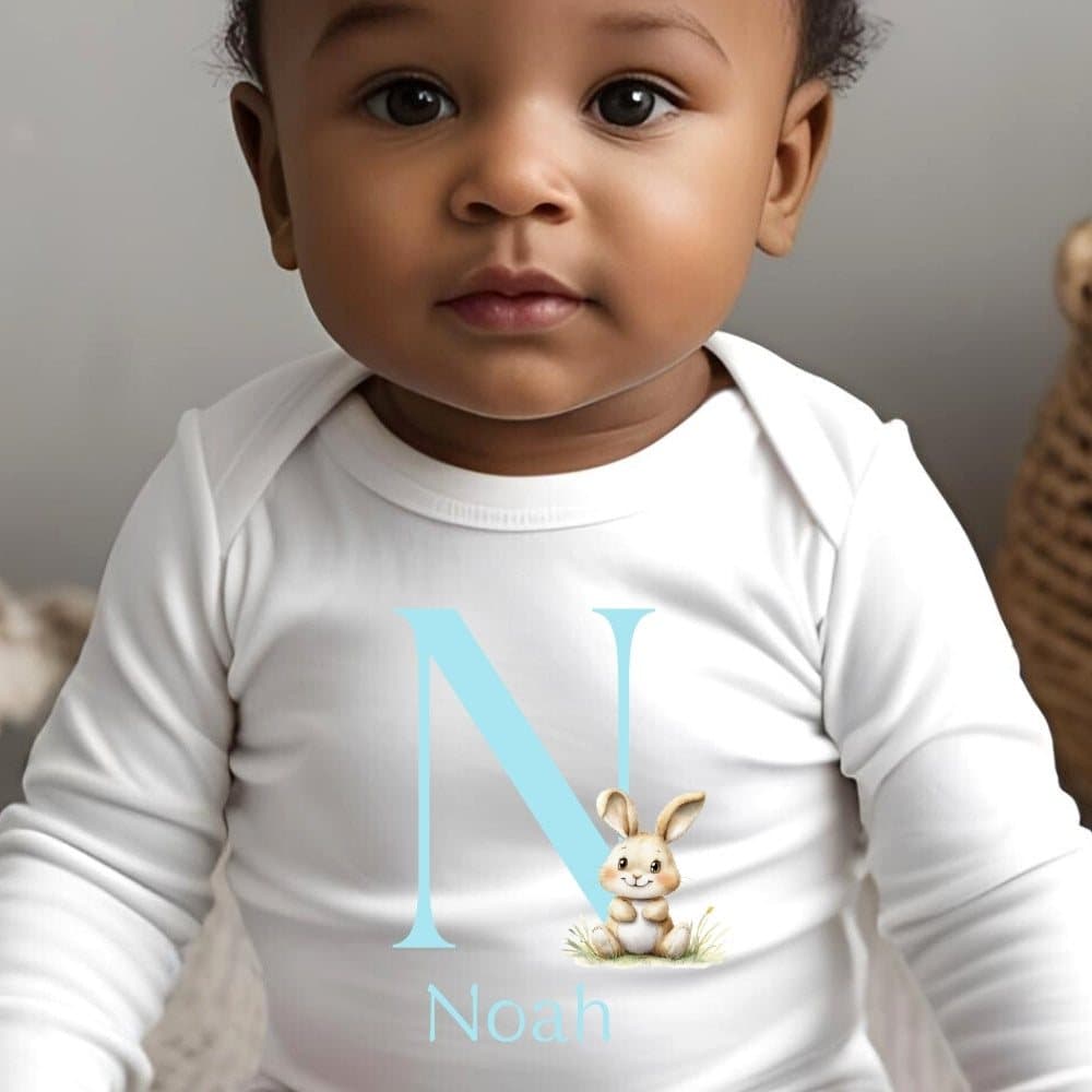 Bunny design baby grow, vest or bib with a printed name