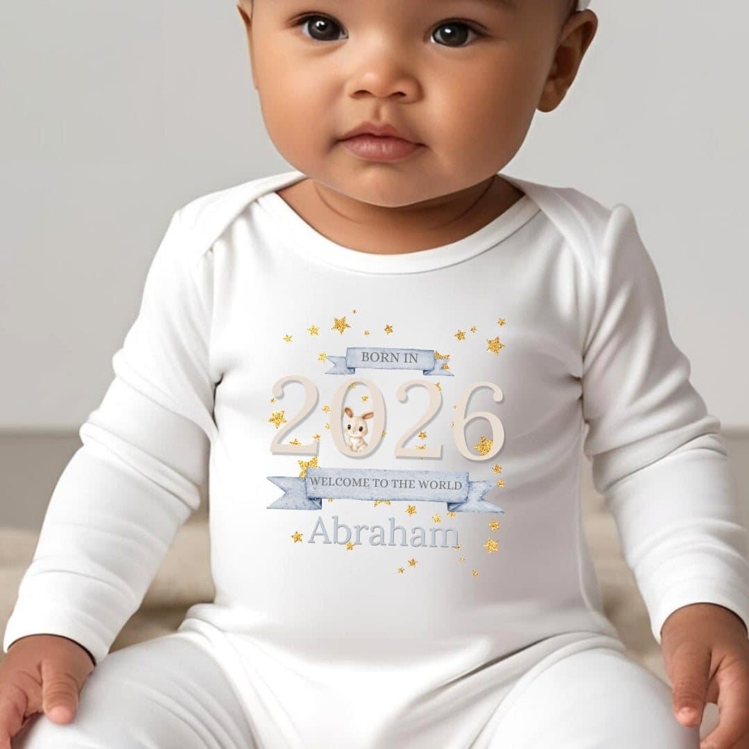 Baby bib, vest or baby grow with a bunny, welcome banners and gold stars