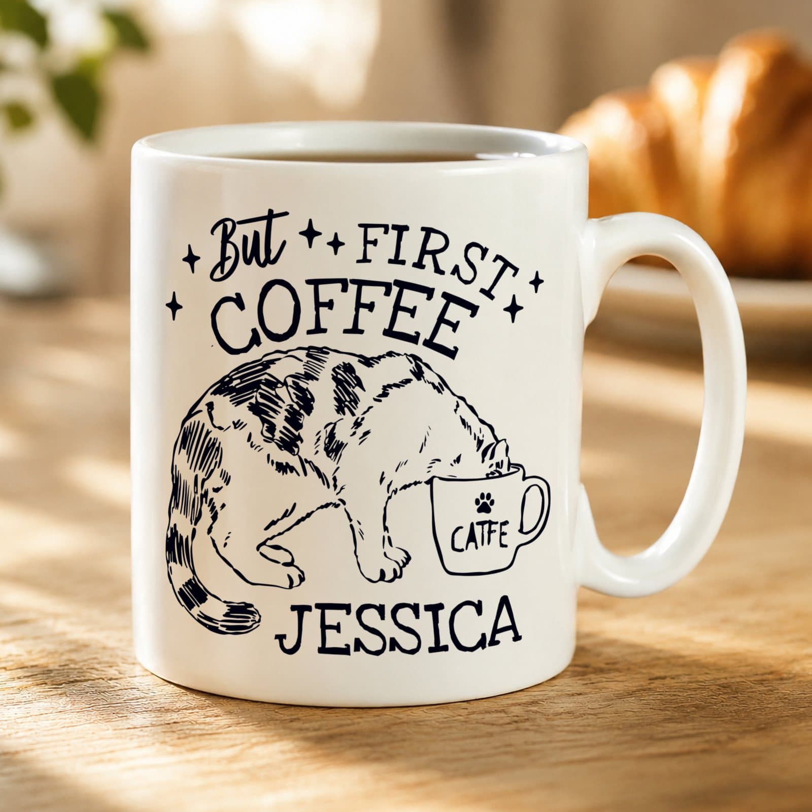 Ceramic coffee mug with a novelty cat design and a personalised name