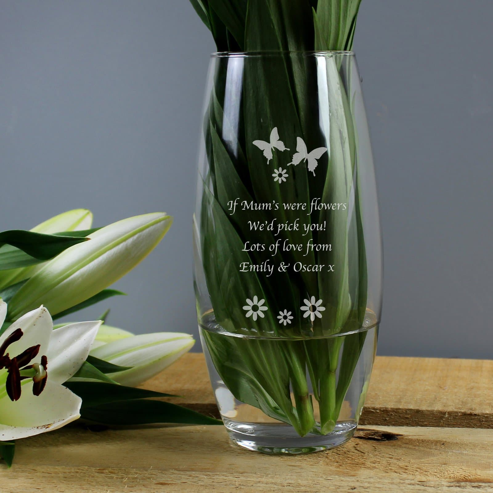 Bullet vase with butterflies and flowers design and personalised message