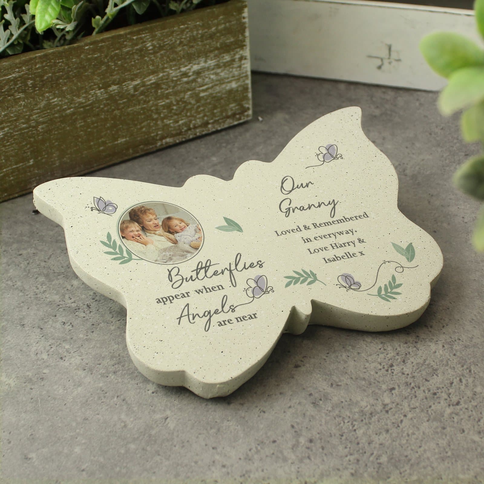 Resin memorial butterfly ornament with photo and six lines of text