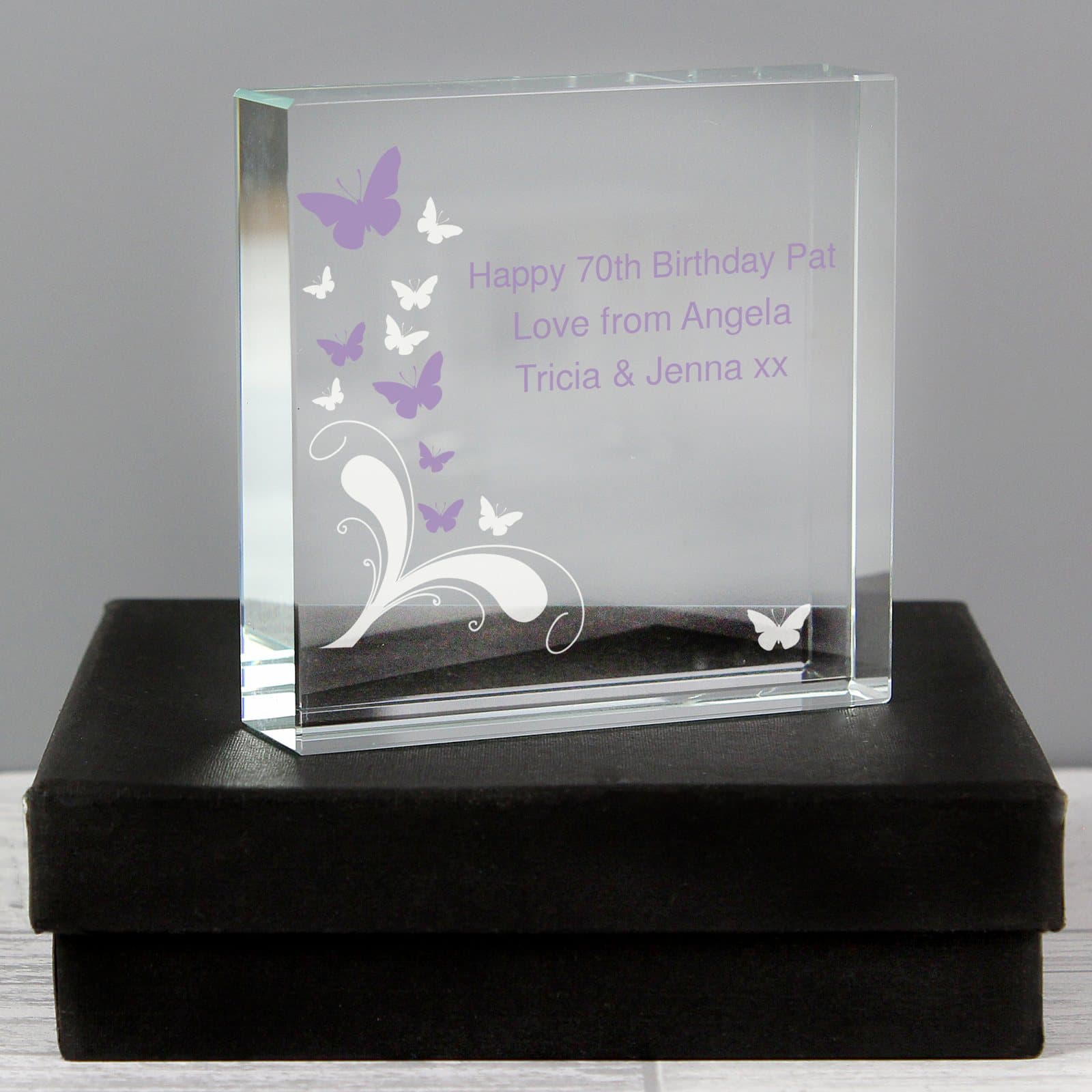 Personalised butterflies crystal token with message lines