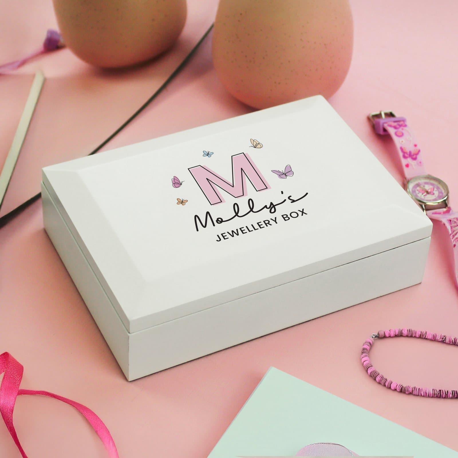 Wooden butterfly jewellery box personalised with an initial
