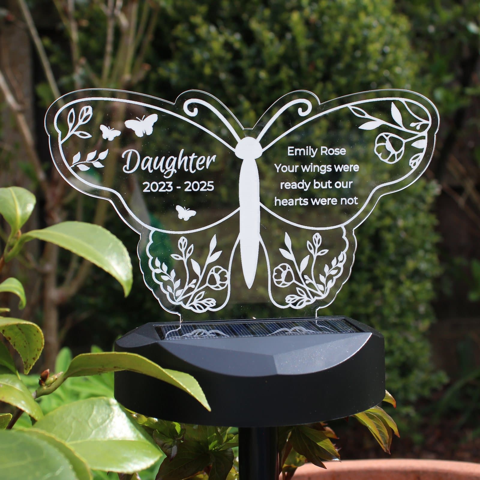 Butterfly memorial solar light with personalised sign and ground stick
