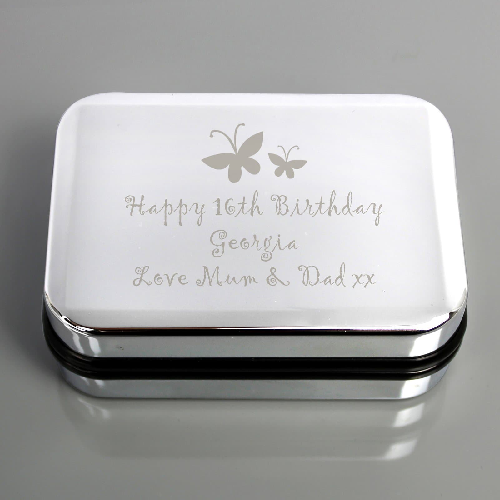 Necklace gift box with a butterfly motif above a personalised message