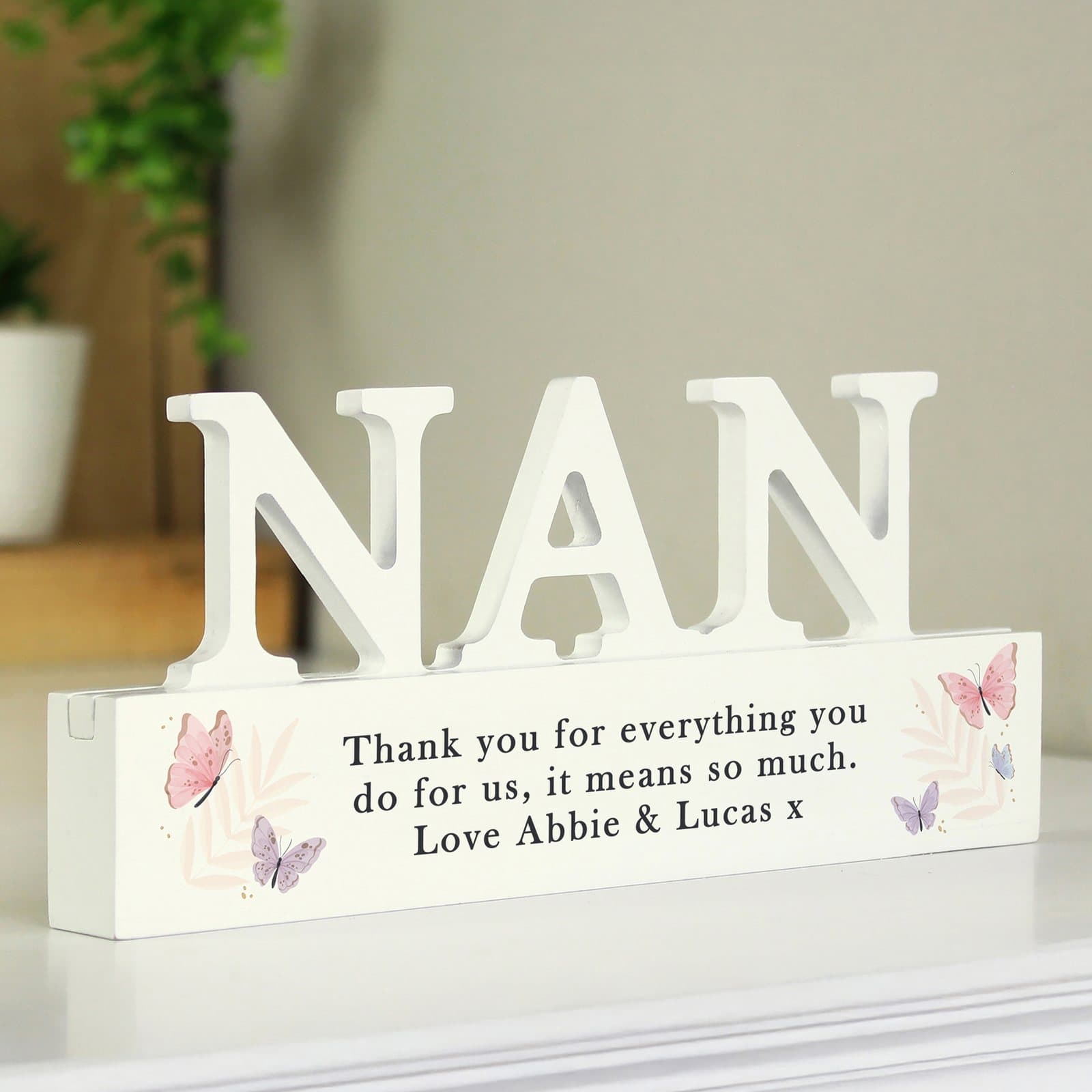 Wooden butterfly ornament for nan with personalised message lines