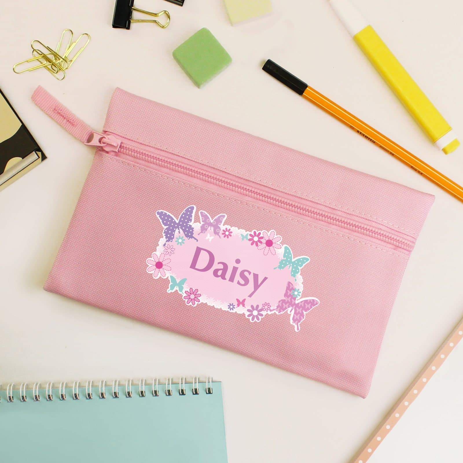 Butterfly Pink microfibre pencil case personalised with a name