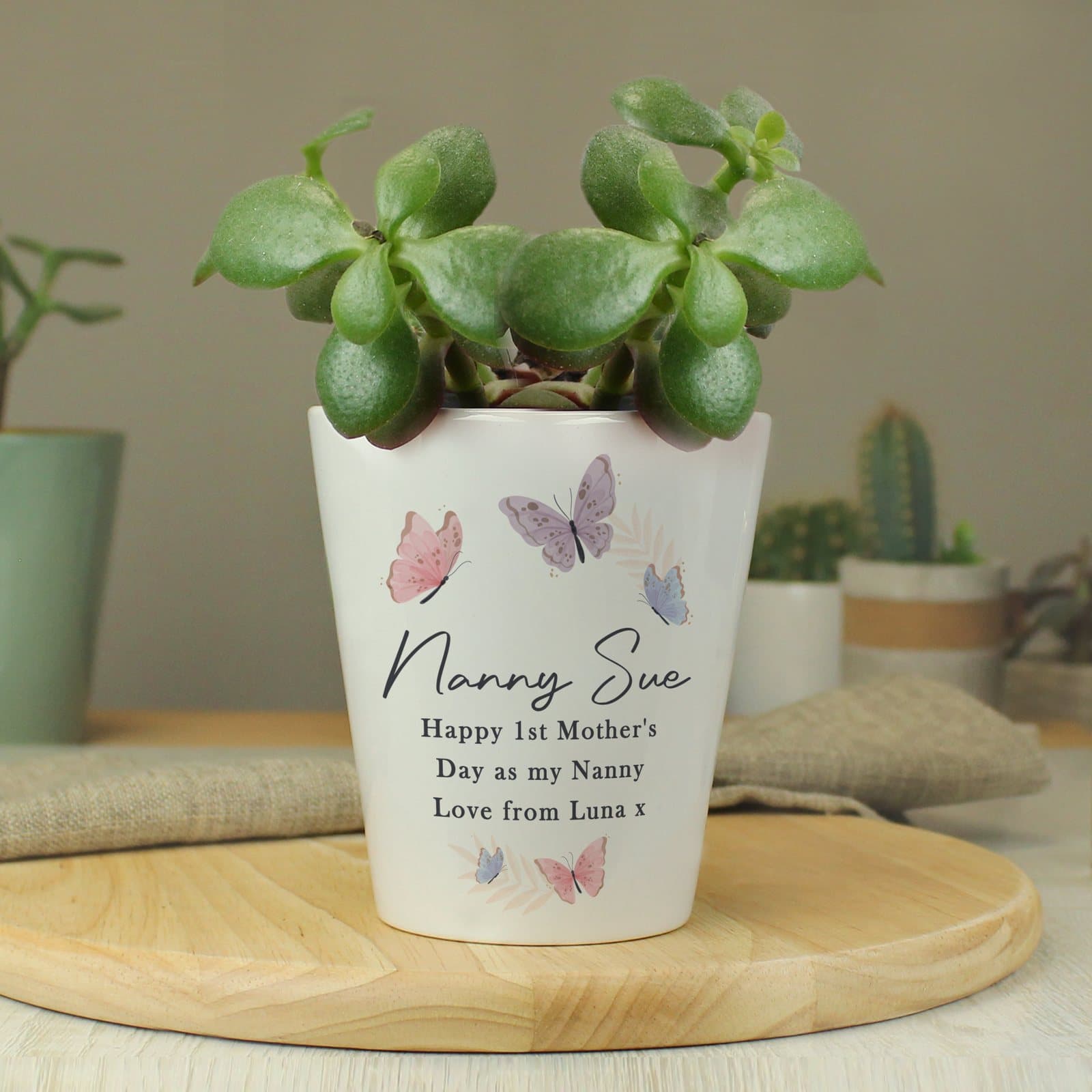 Ceramic butterfly plant pot with a name and message