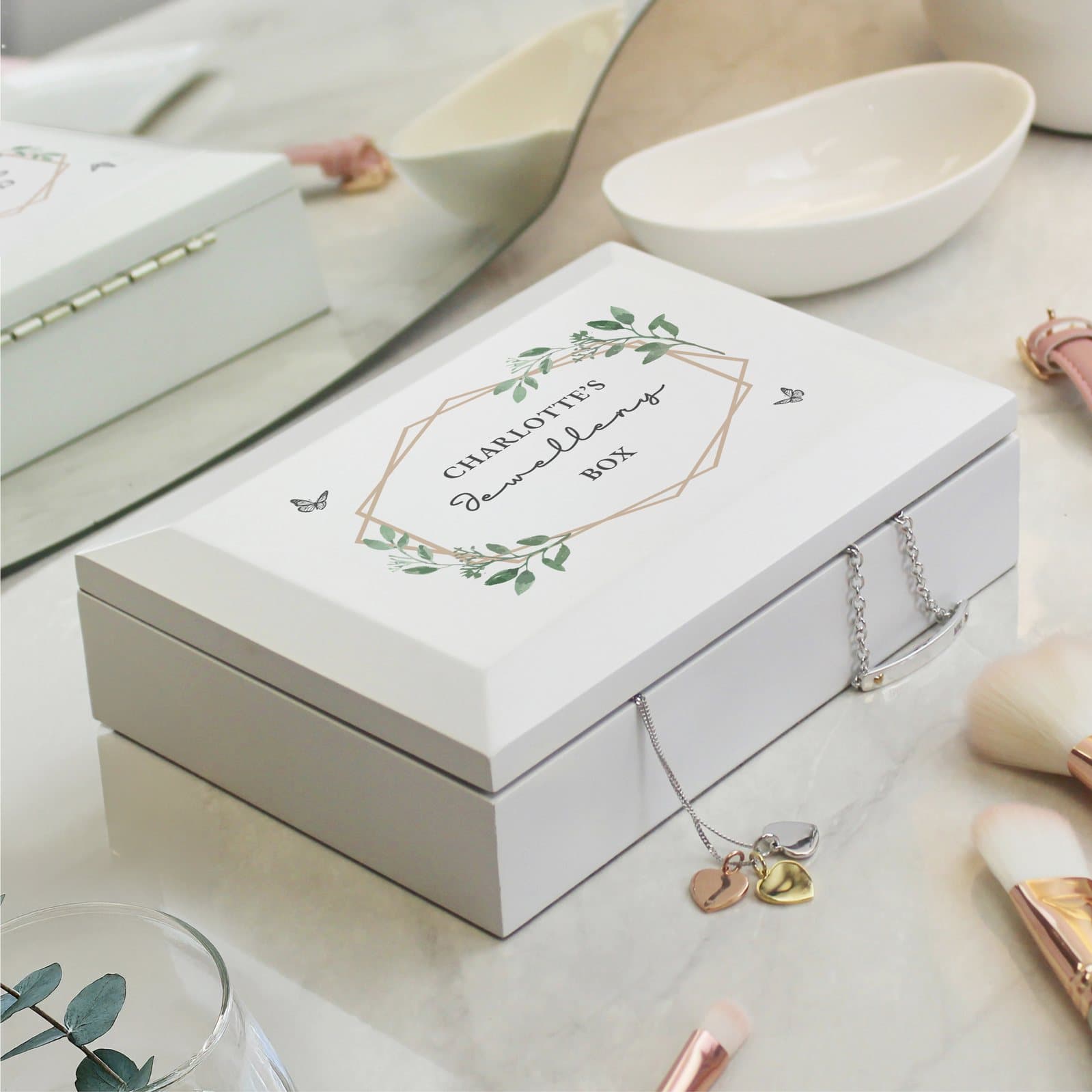 Wooden jewellery box with a butterfly design and personalised lines of text