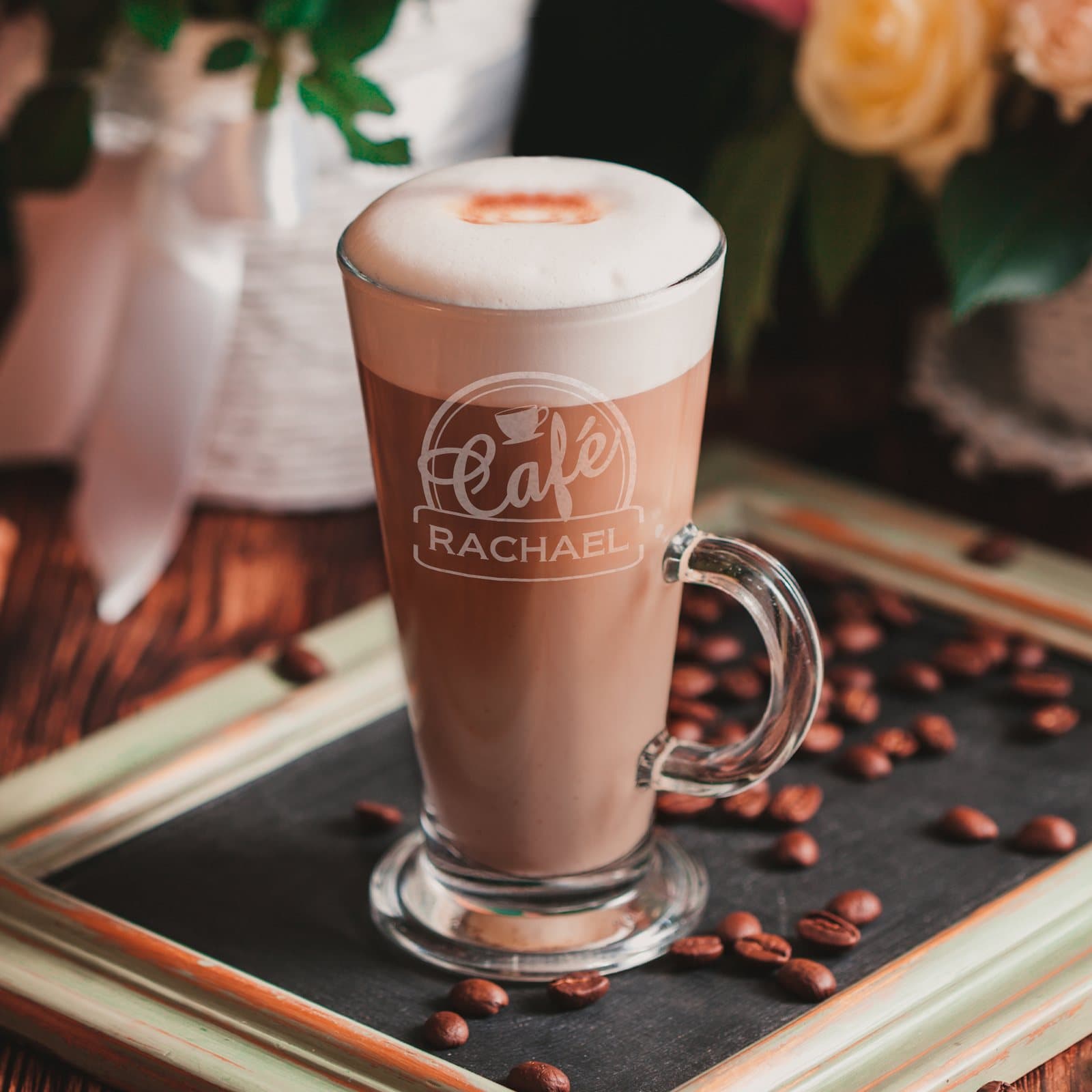 Personalised cafe latte glass with the word Cafe and a name