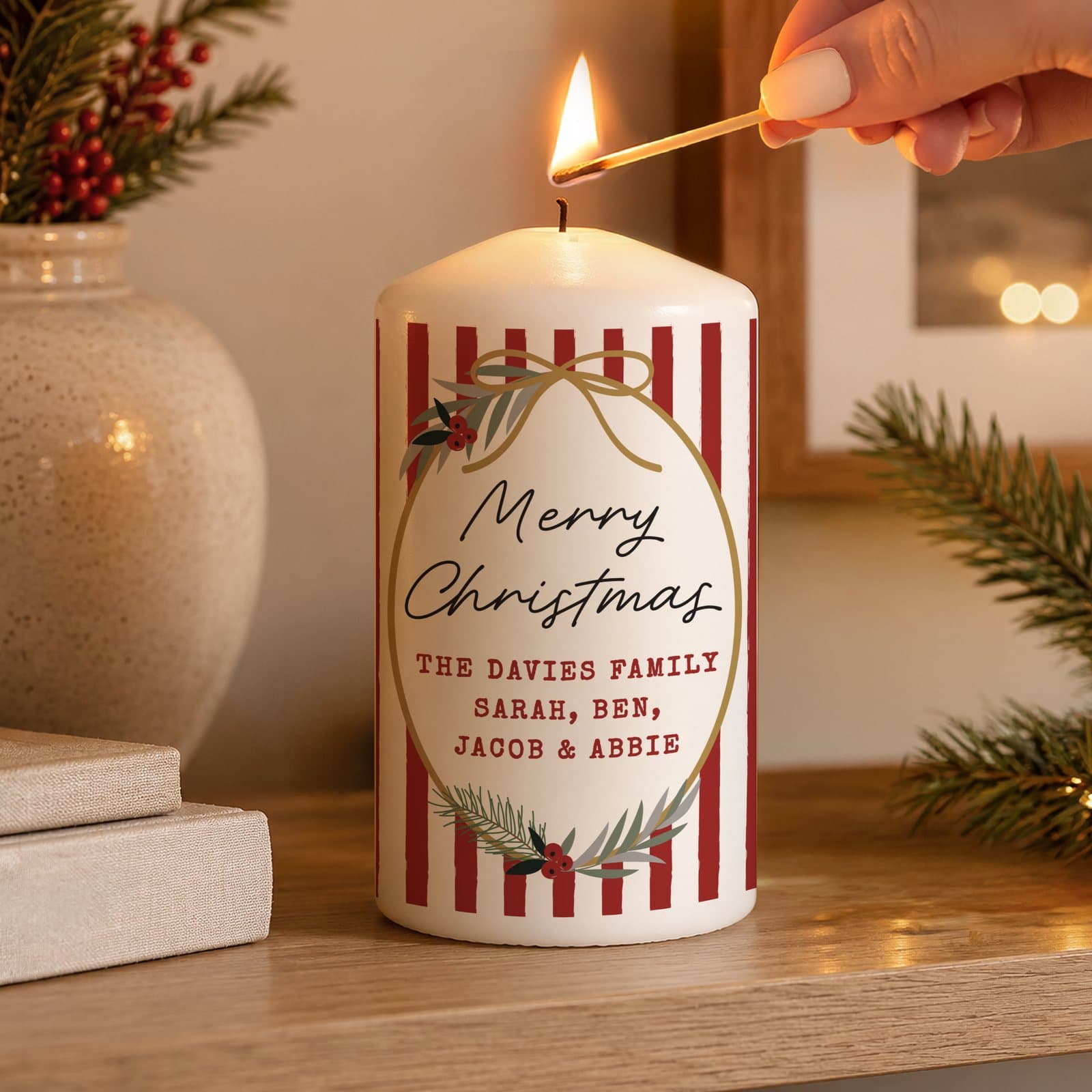 Personalised candy cane stripe pillar candle