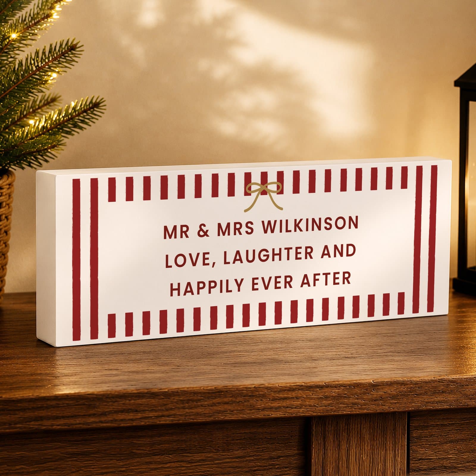 Solid wood mantle block sign with a candy cane stripe design and personalised text