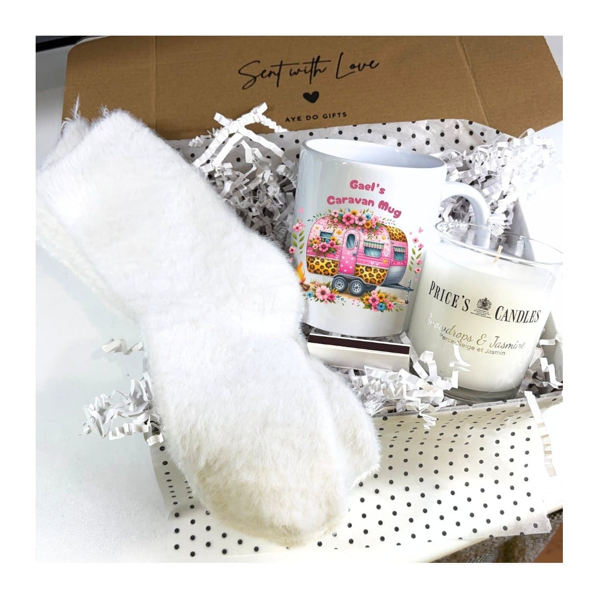 Personalised caravan mug with socks, a scented candle and matches