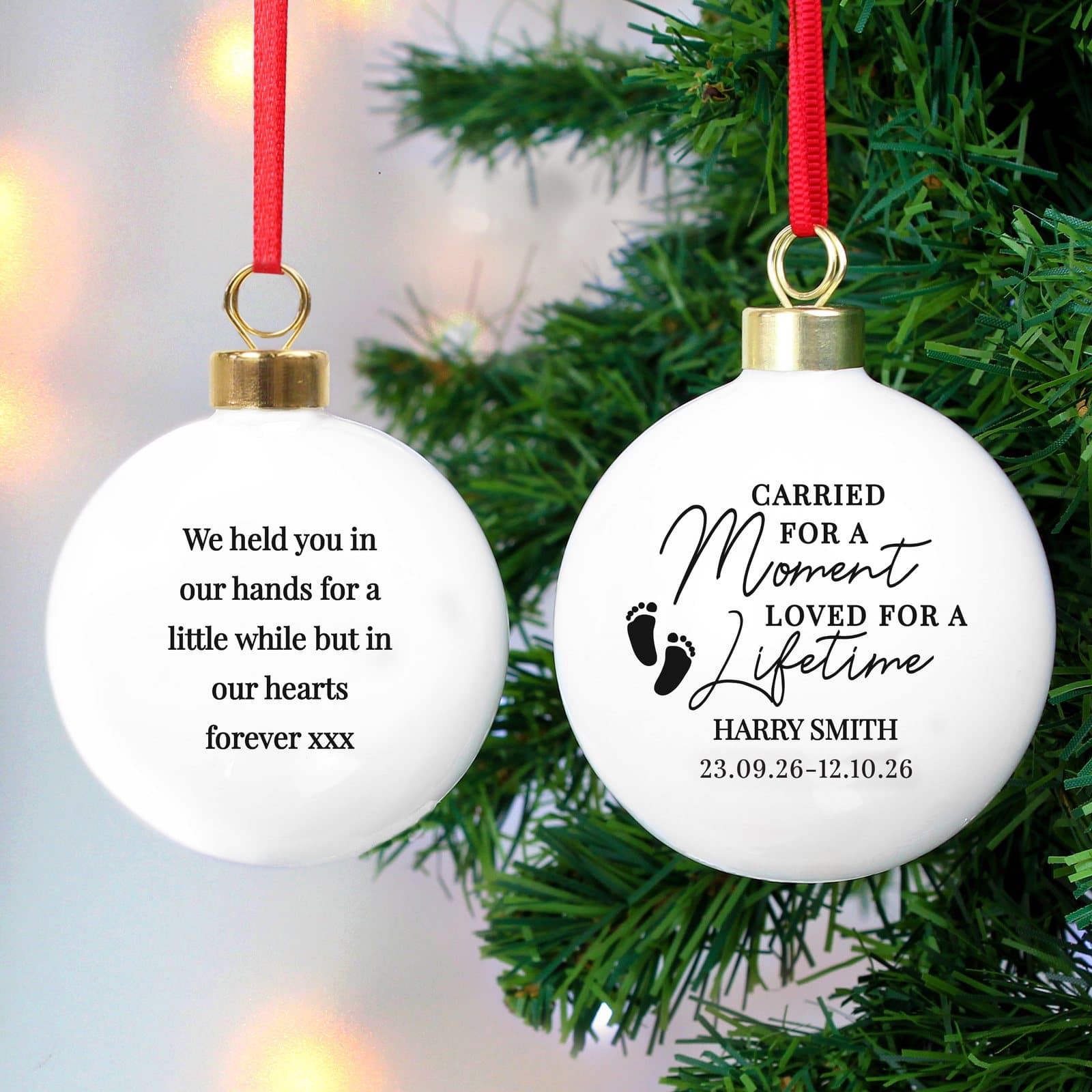 Memorial Christmas bauble with ribbon and a topper