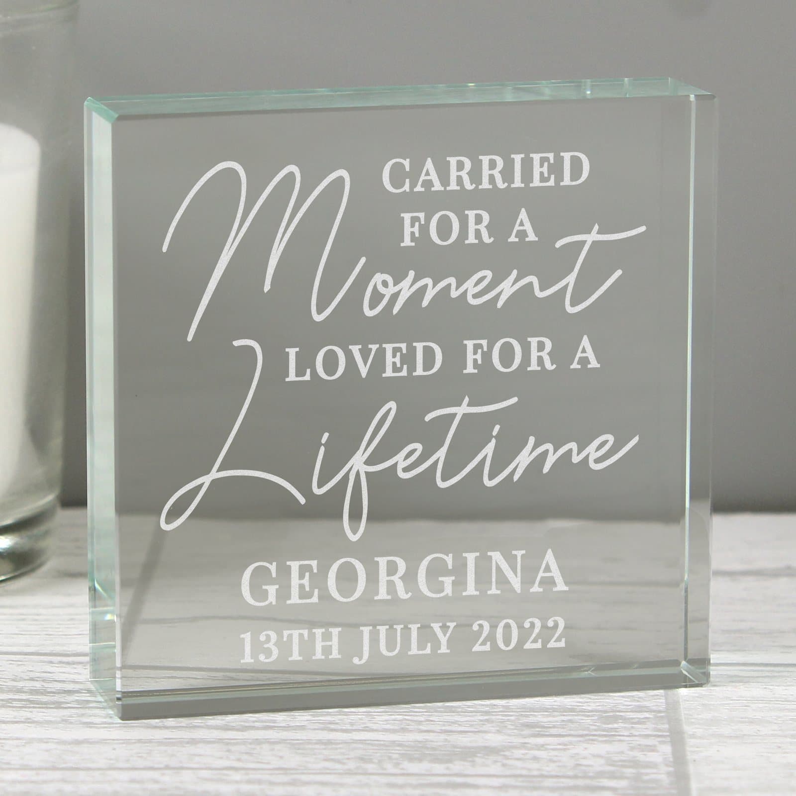 Square crystal memorial token with personalised lines of text