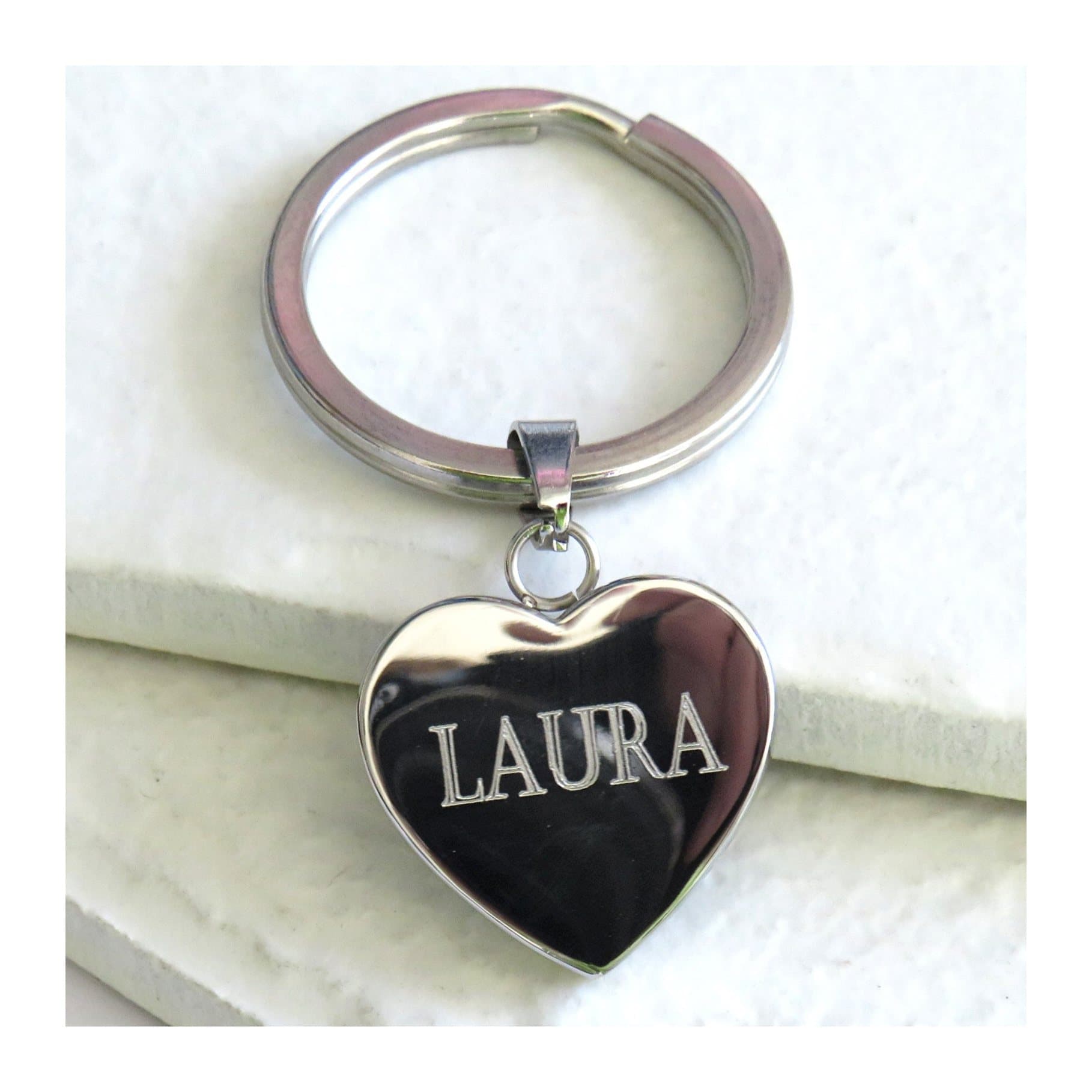 Personalised heart keyring in polished stainless steel