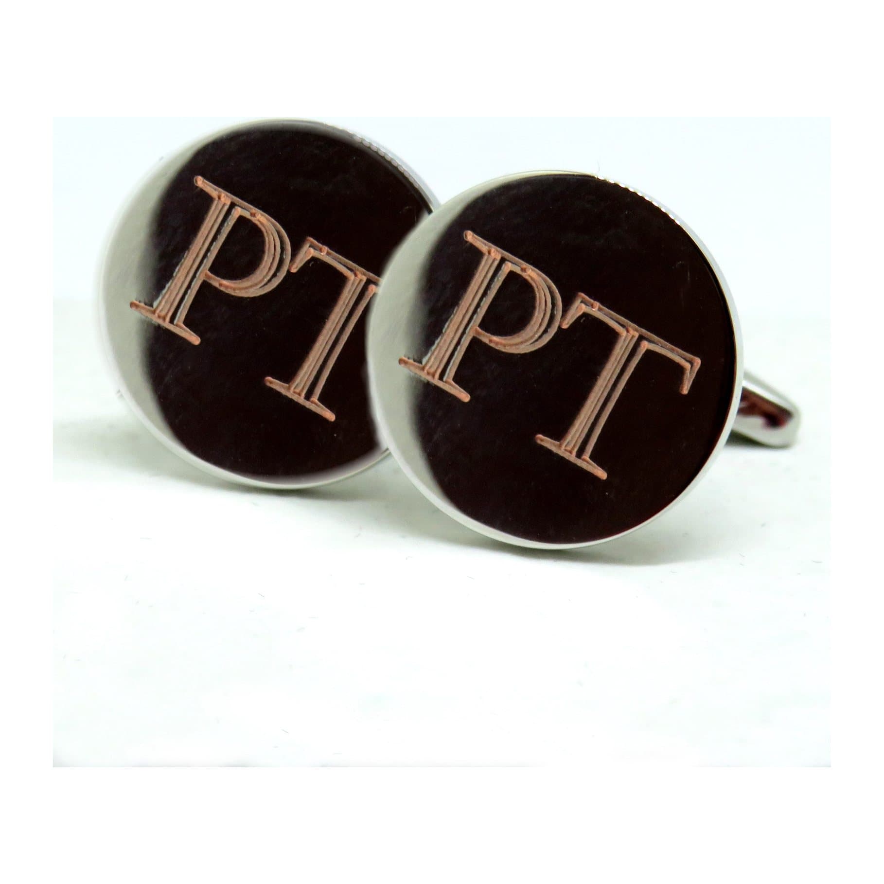 Round silver-coloured personalised cufflinks with engraved initials