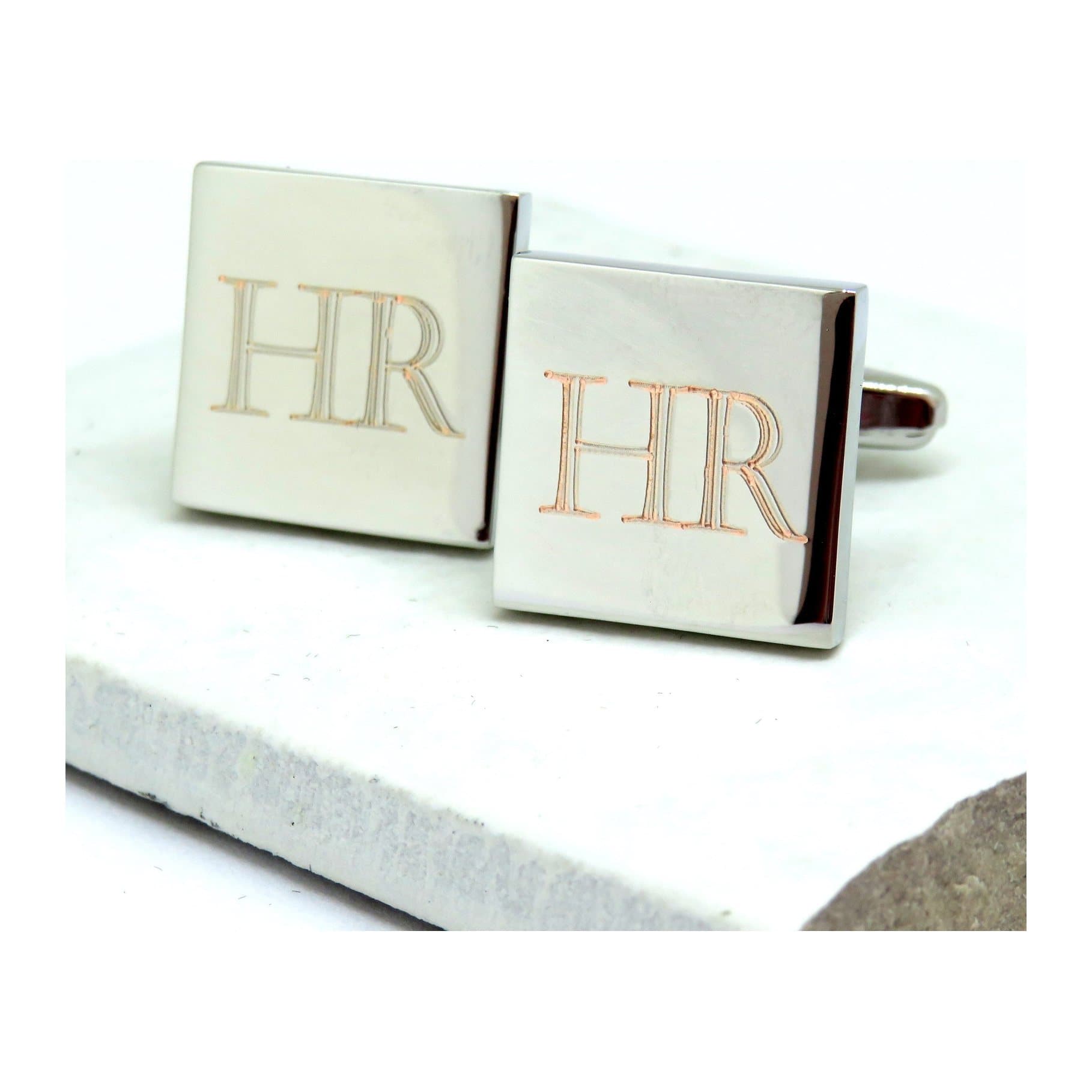 Personalised Castellar square cufflinks, silver coloured with engraved initials