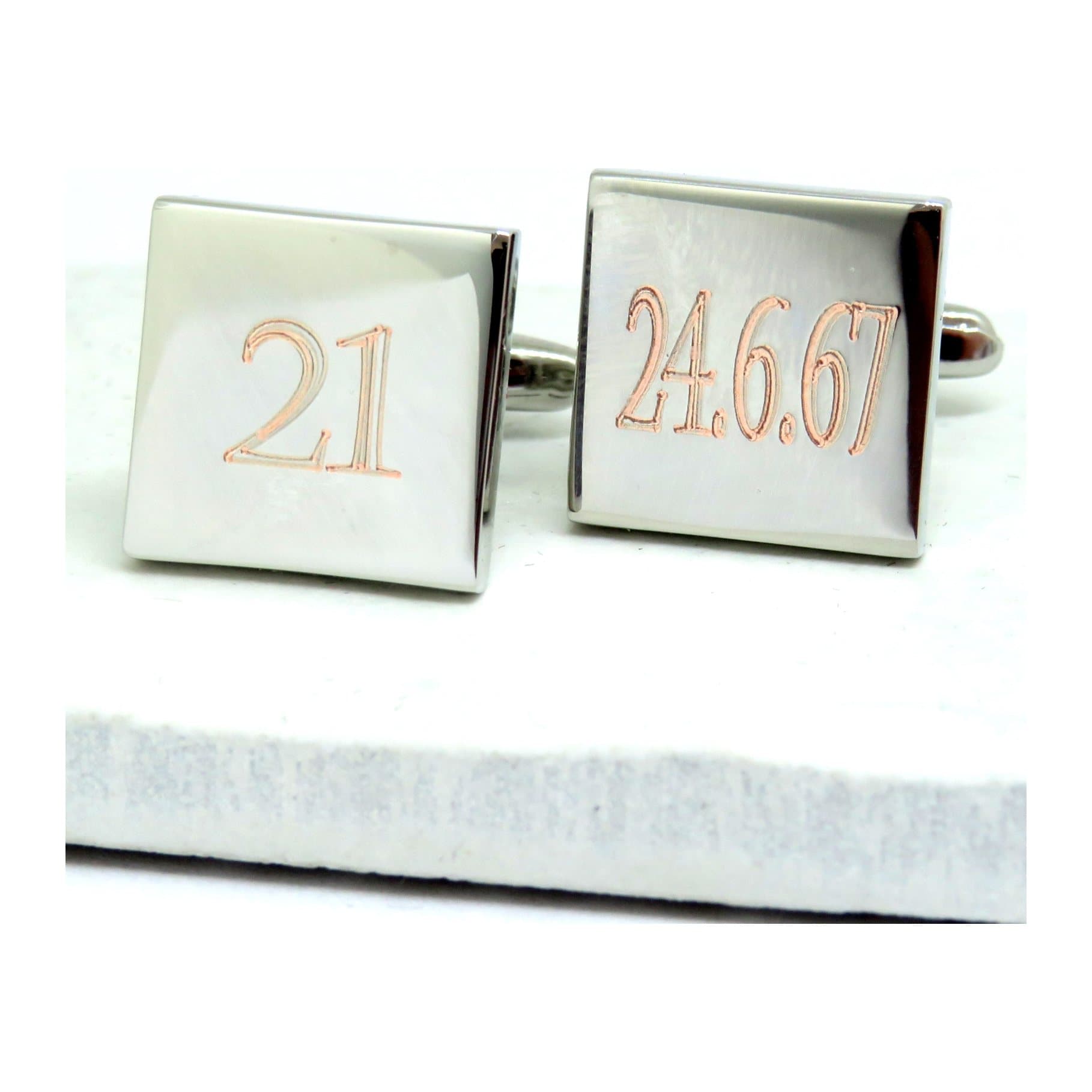 Personalised Castellar square cufflinks in silver coloured rhodium plated finish