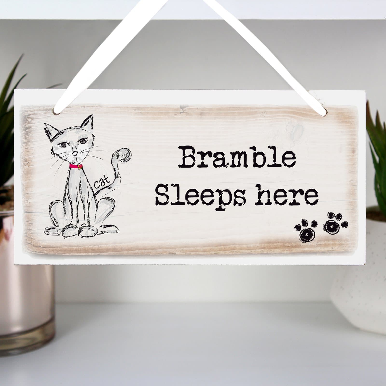 Personalised cat wooden sign with ribbon